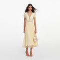 Yellow Viscose Pleated Lace Midi Dress