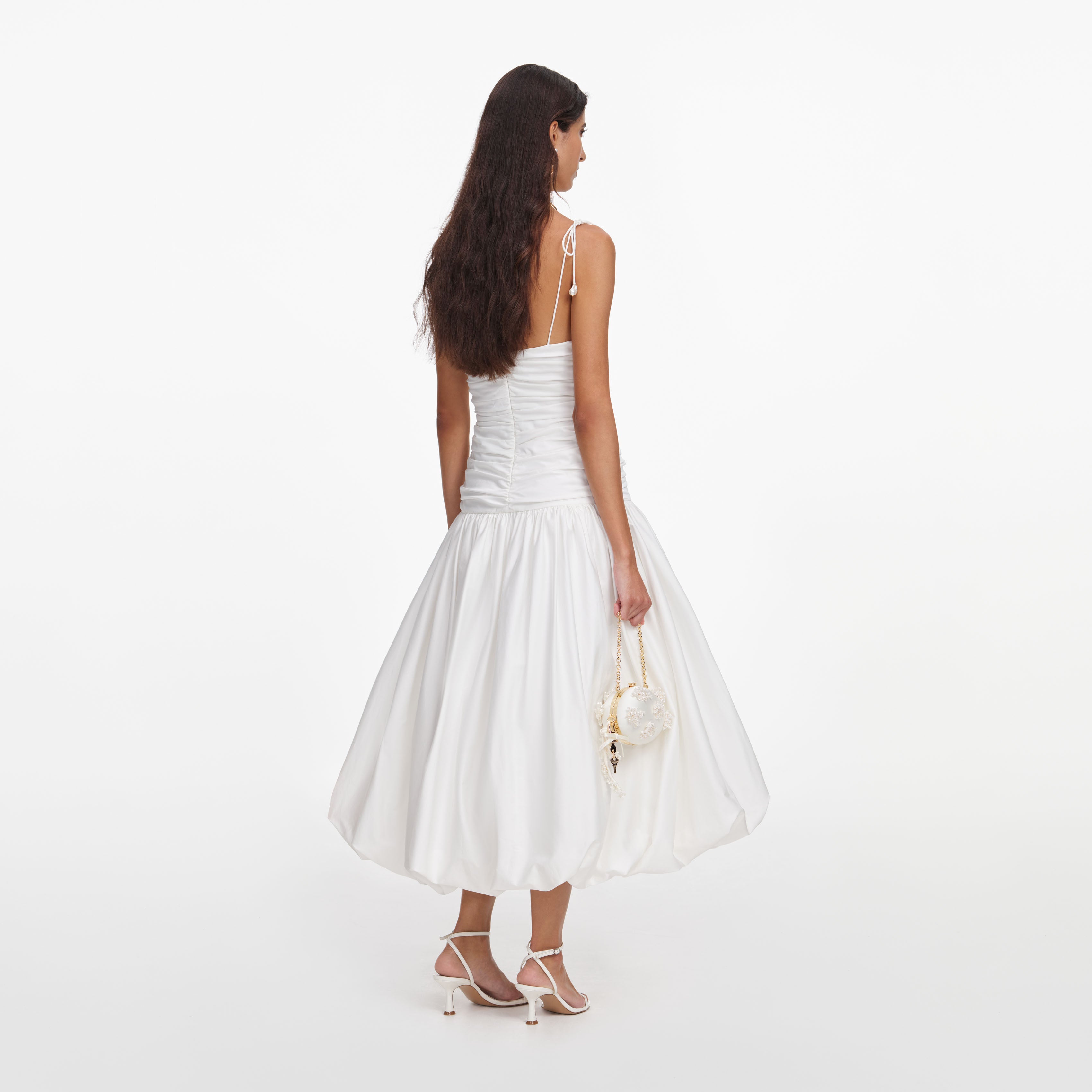 White Cotton Gathered Midi Dress