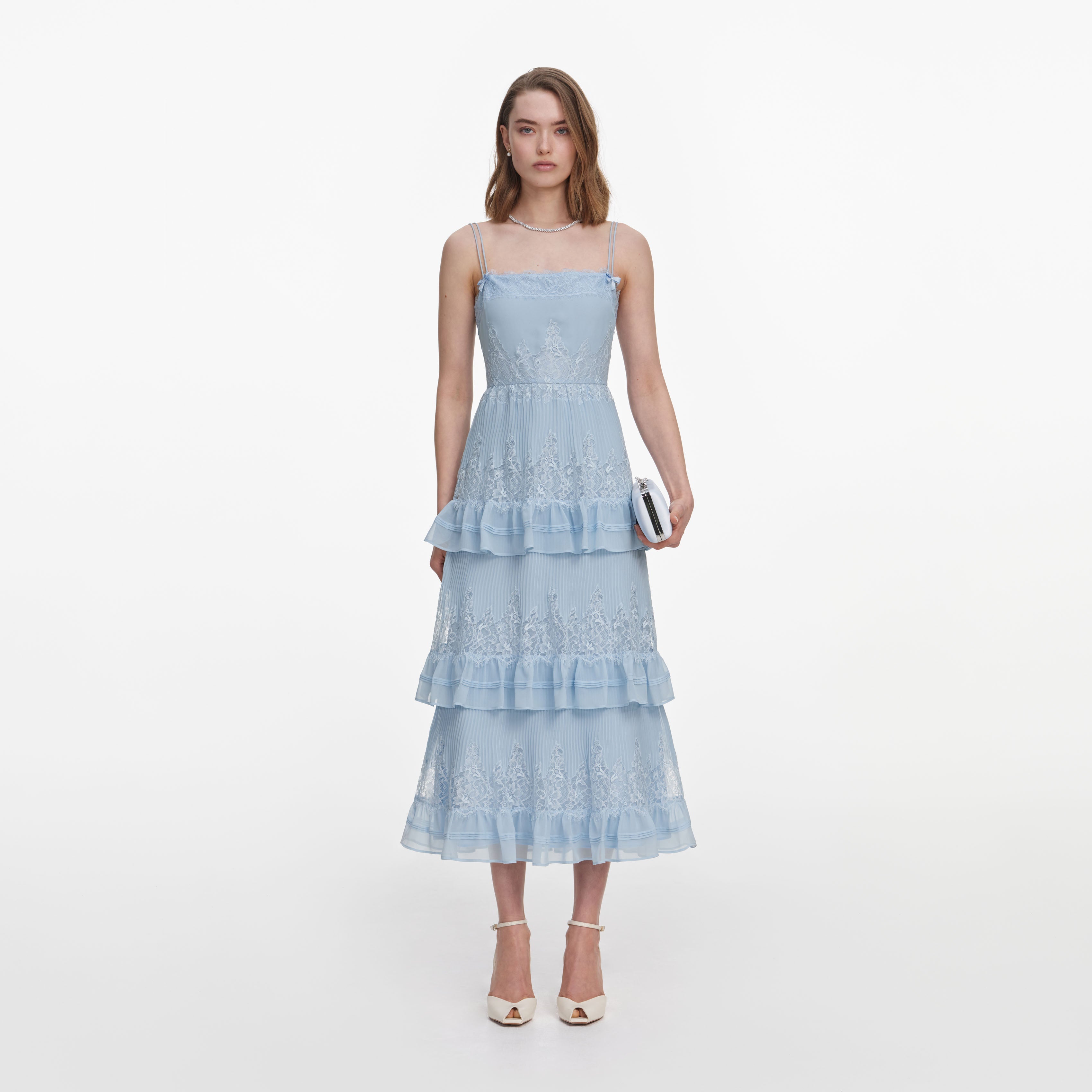 Blue Chiffon Lace Tiered Midi Dress – self-portrait-EU
