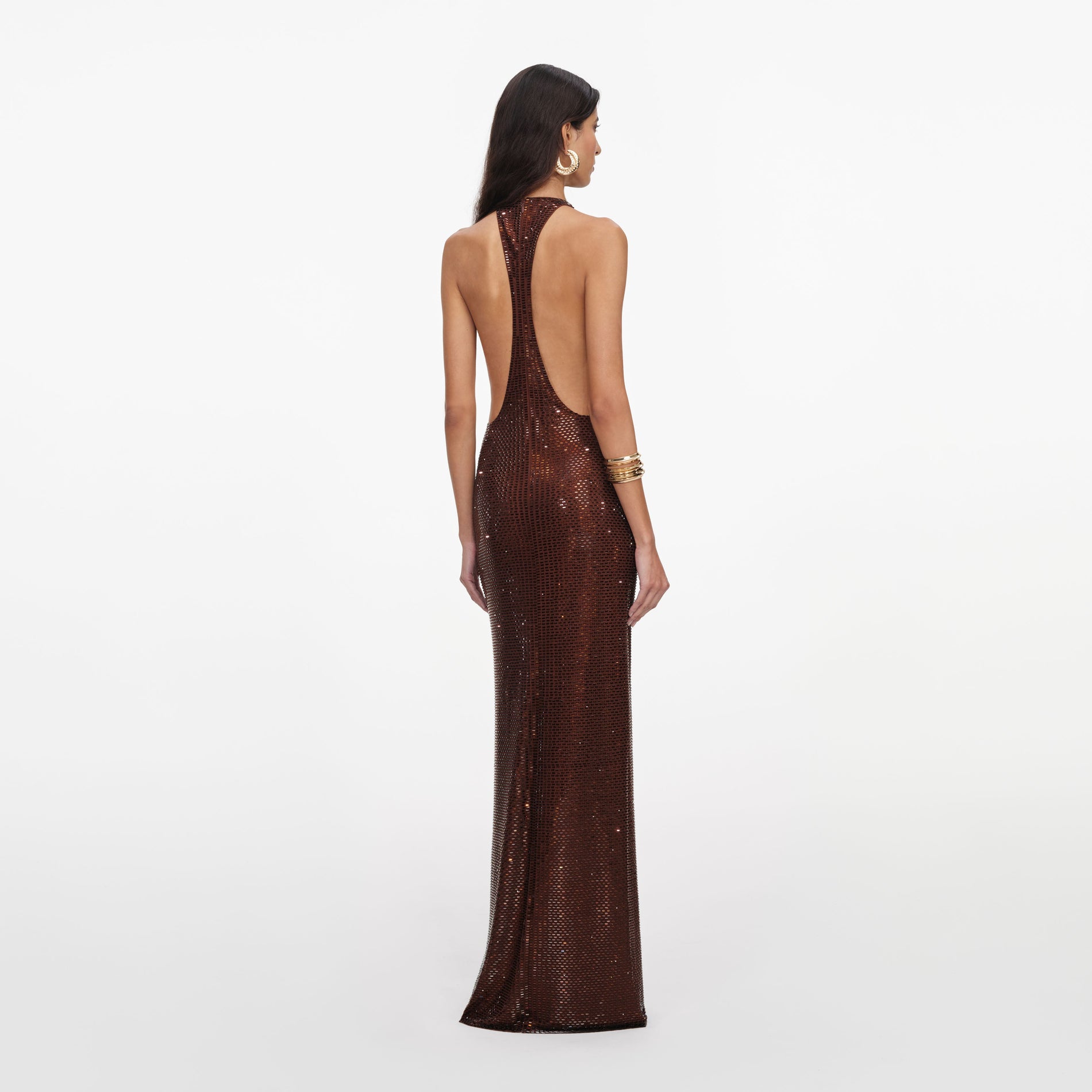Back view of a woman wearing the Brown Rhinestone Racer Back Maxi Dress
