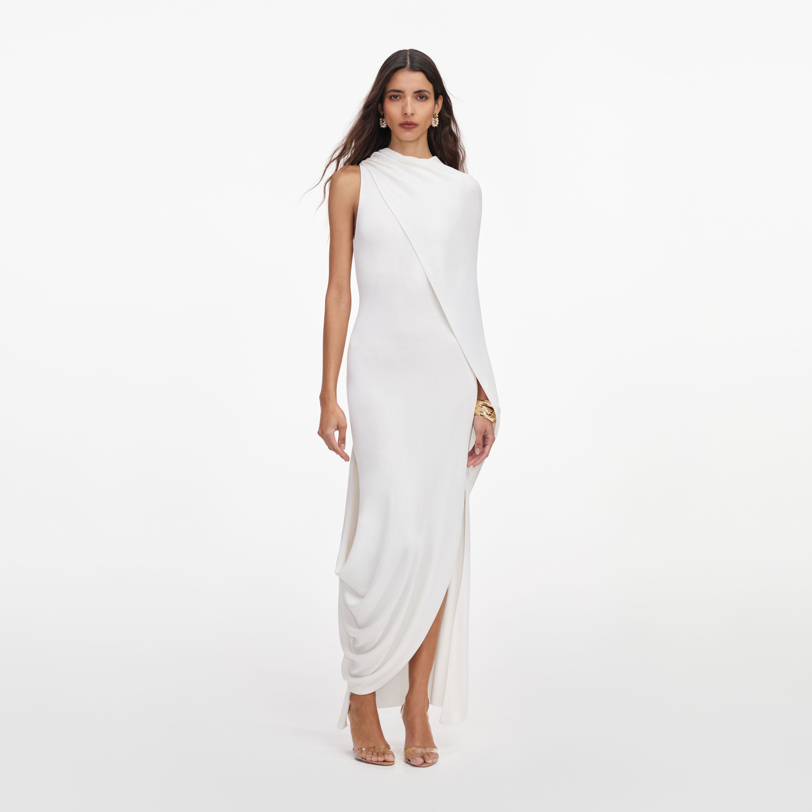 White Viscose Knit Drape Maxi Dress – self-portrait-EU