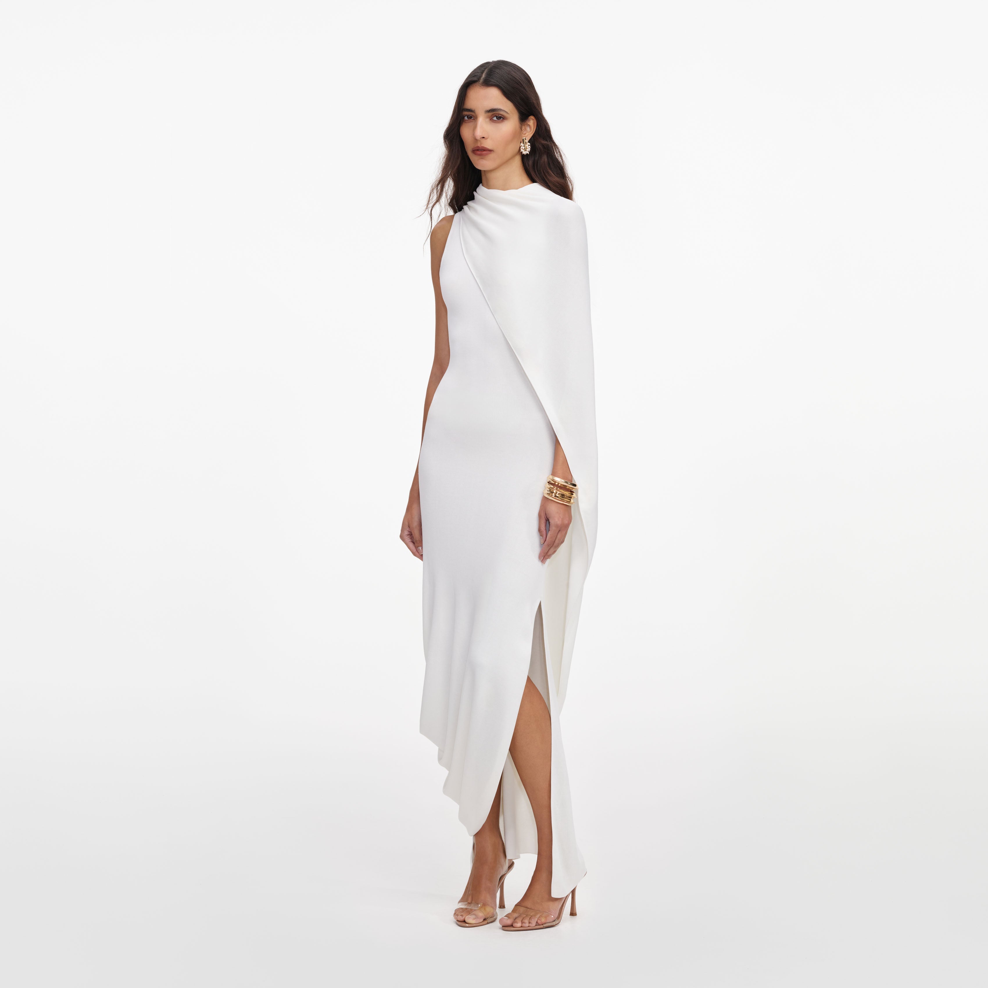 White Viscose Knit Drape Maxi Dress