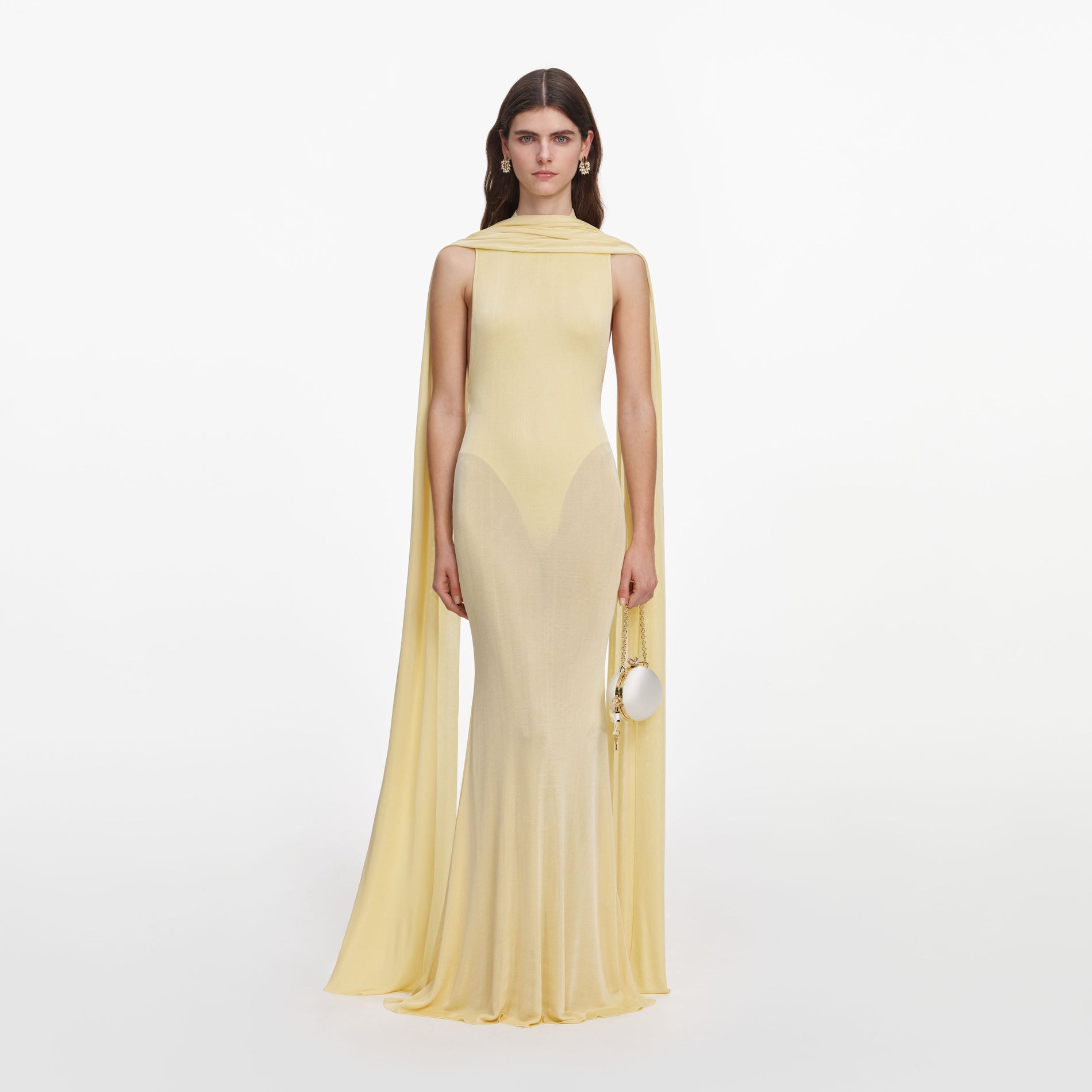 Front view of a woman wearing the Yellow Viscose Knit Scarf Maxi Dress