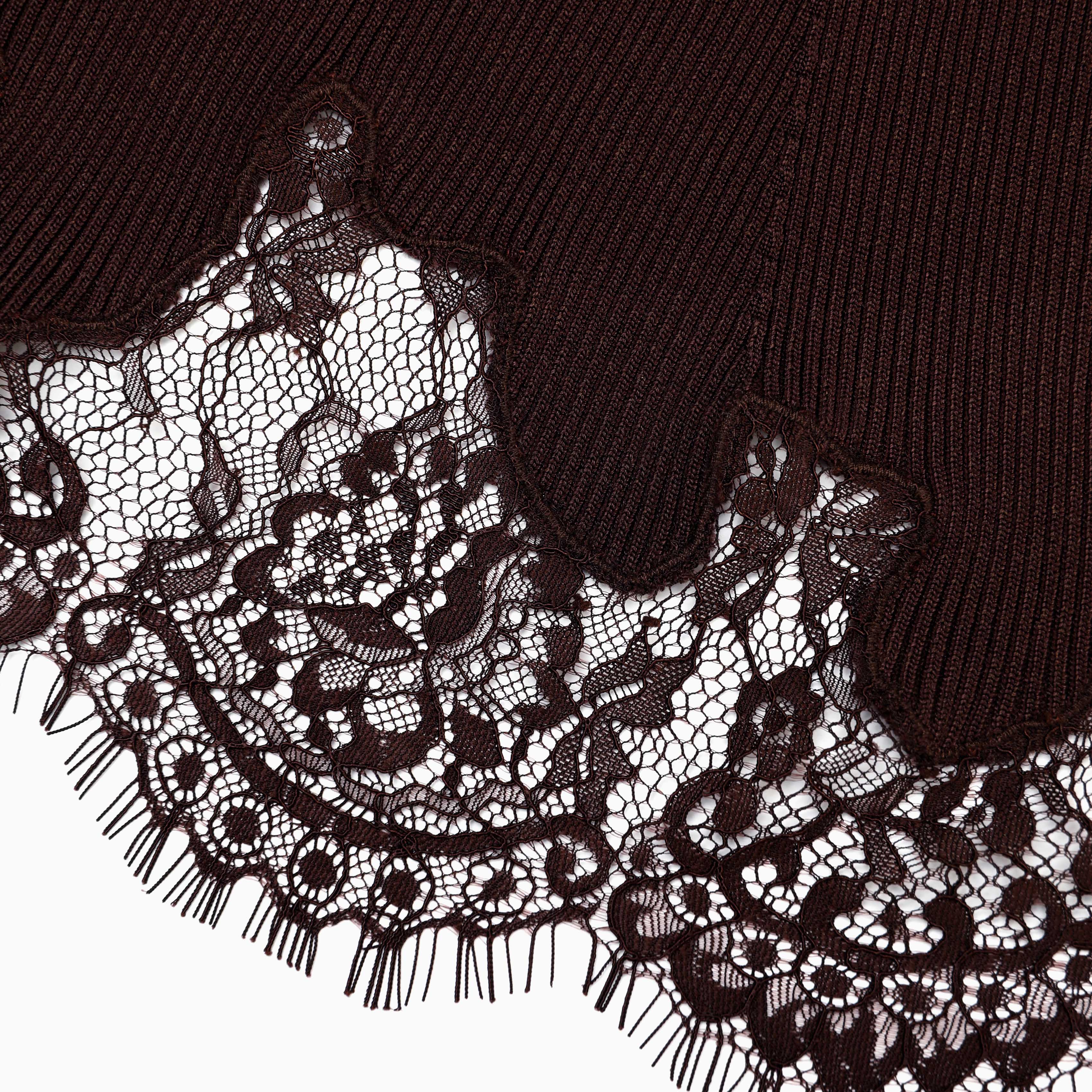 Brown Ribbed Knit Midi Skirt