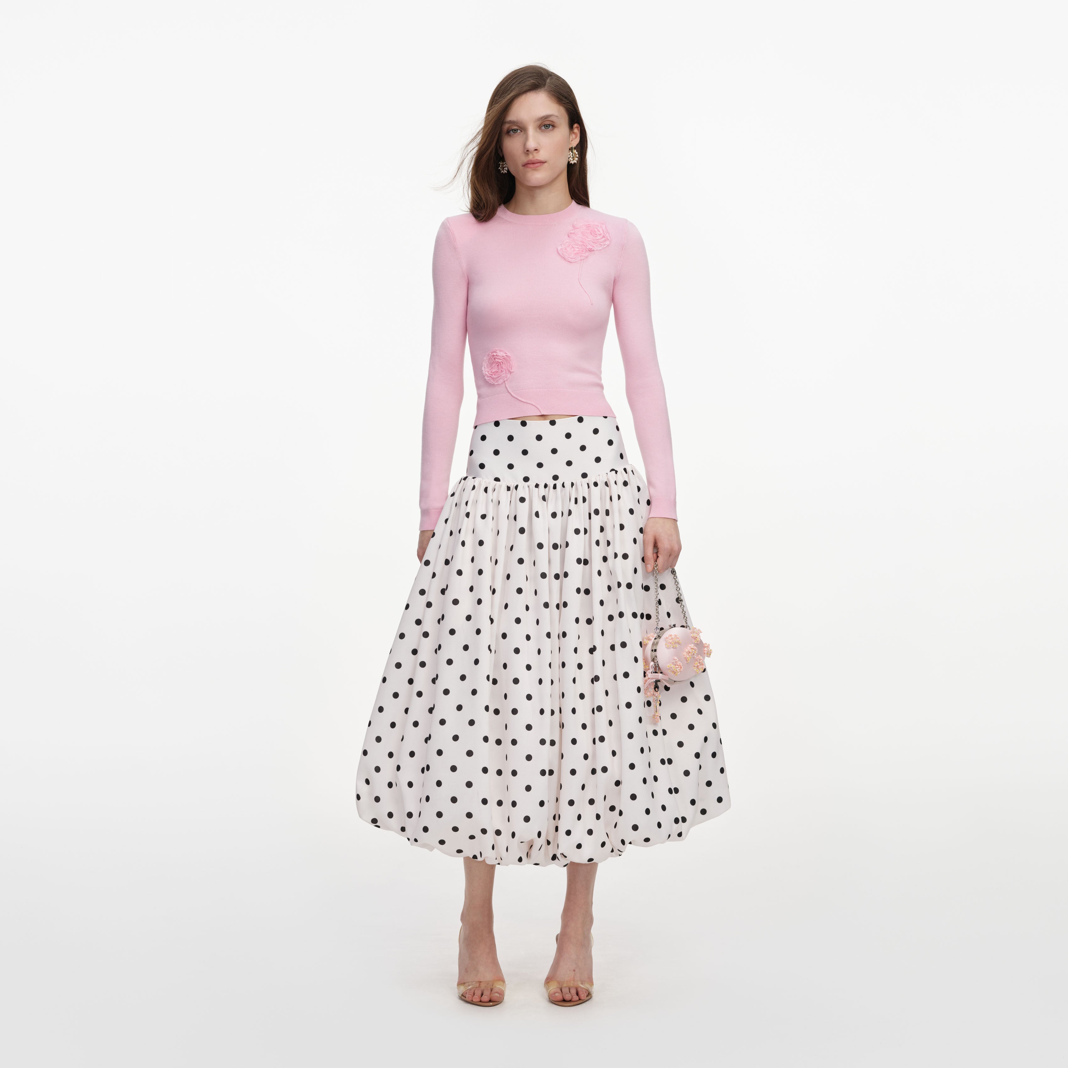 Cream Polka Dot Taffeta Midi Skirt