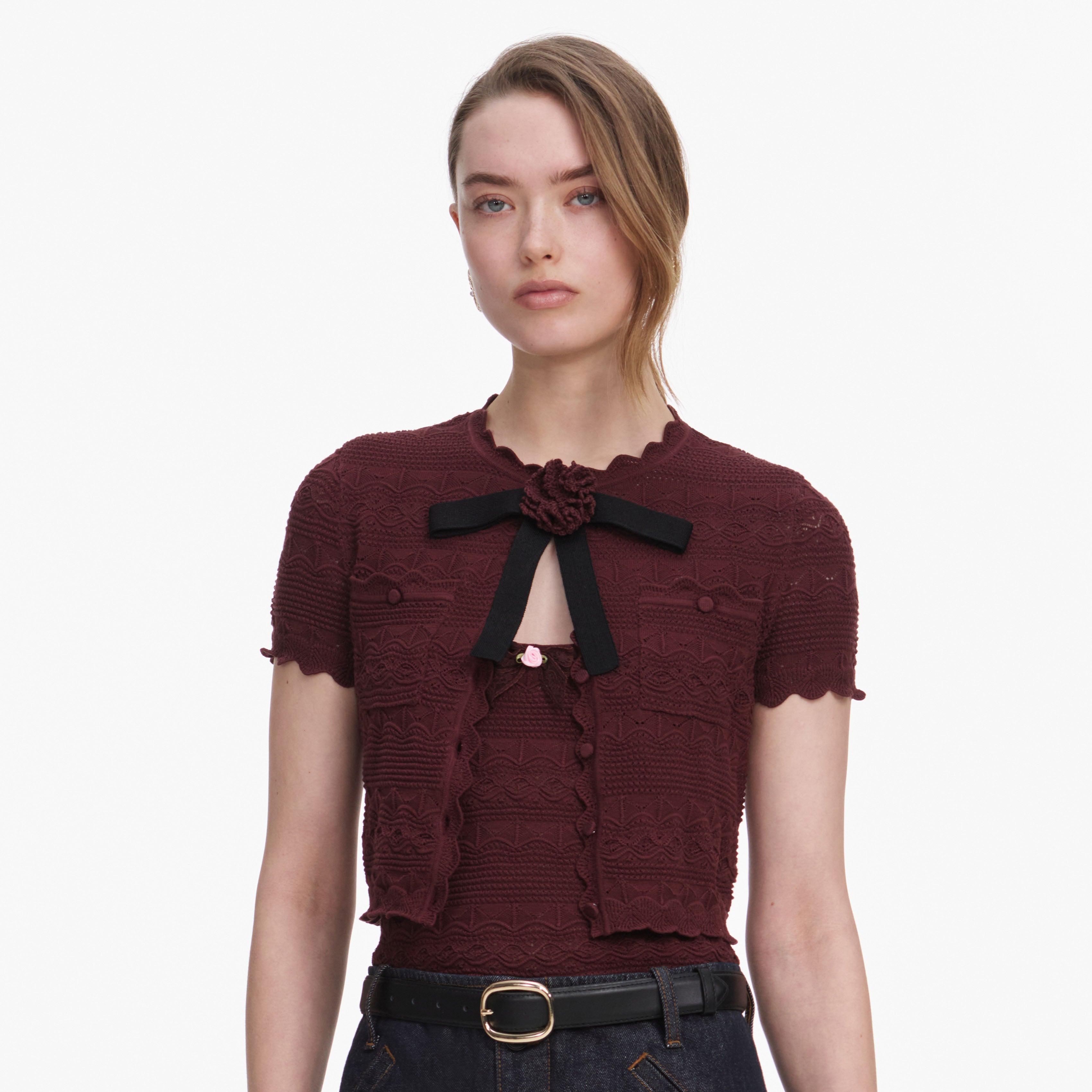 Brown Pointelle Knit Top