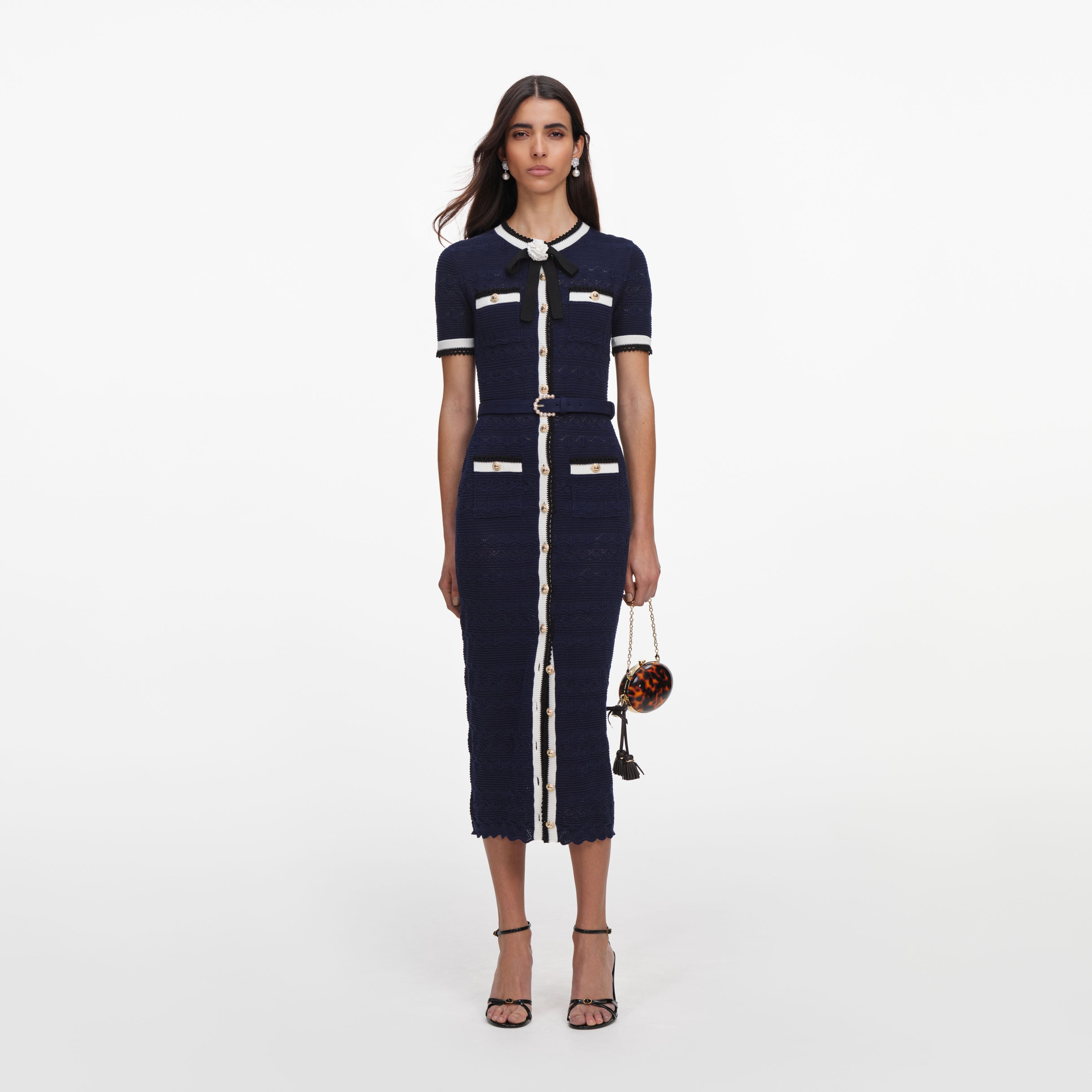 Navy Pointelle Knit Midi Dress