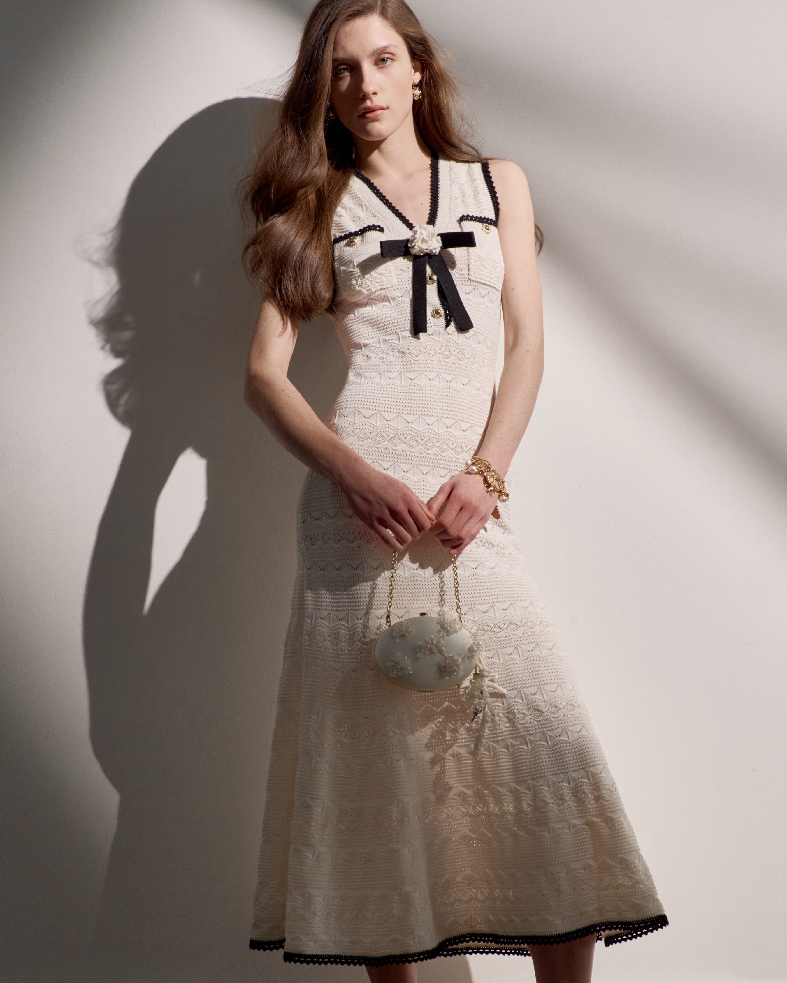 White Pointelle Knit Midi Dress