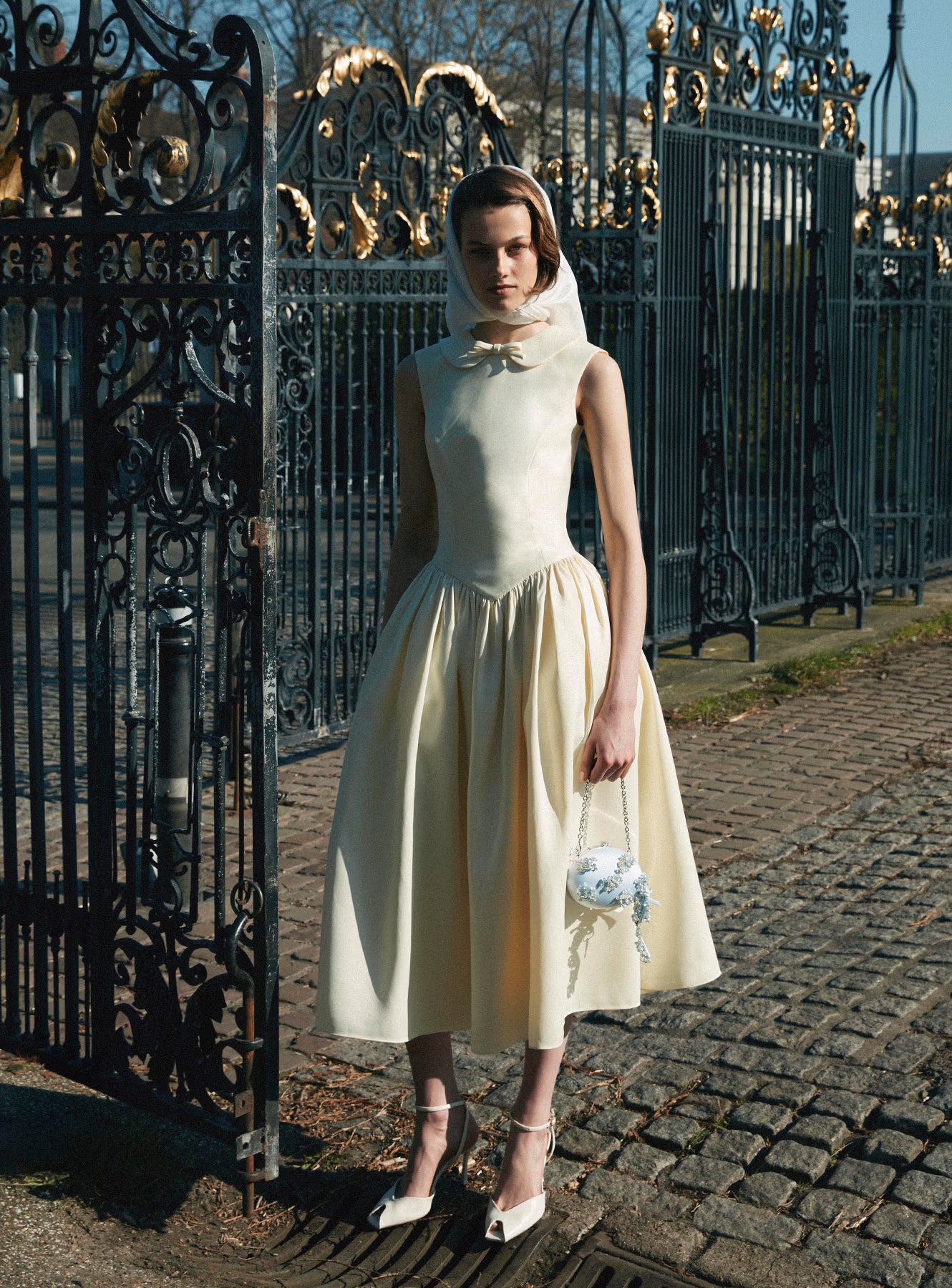 Yellow Taffeta Collared Midi Dress