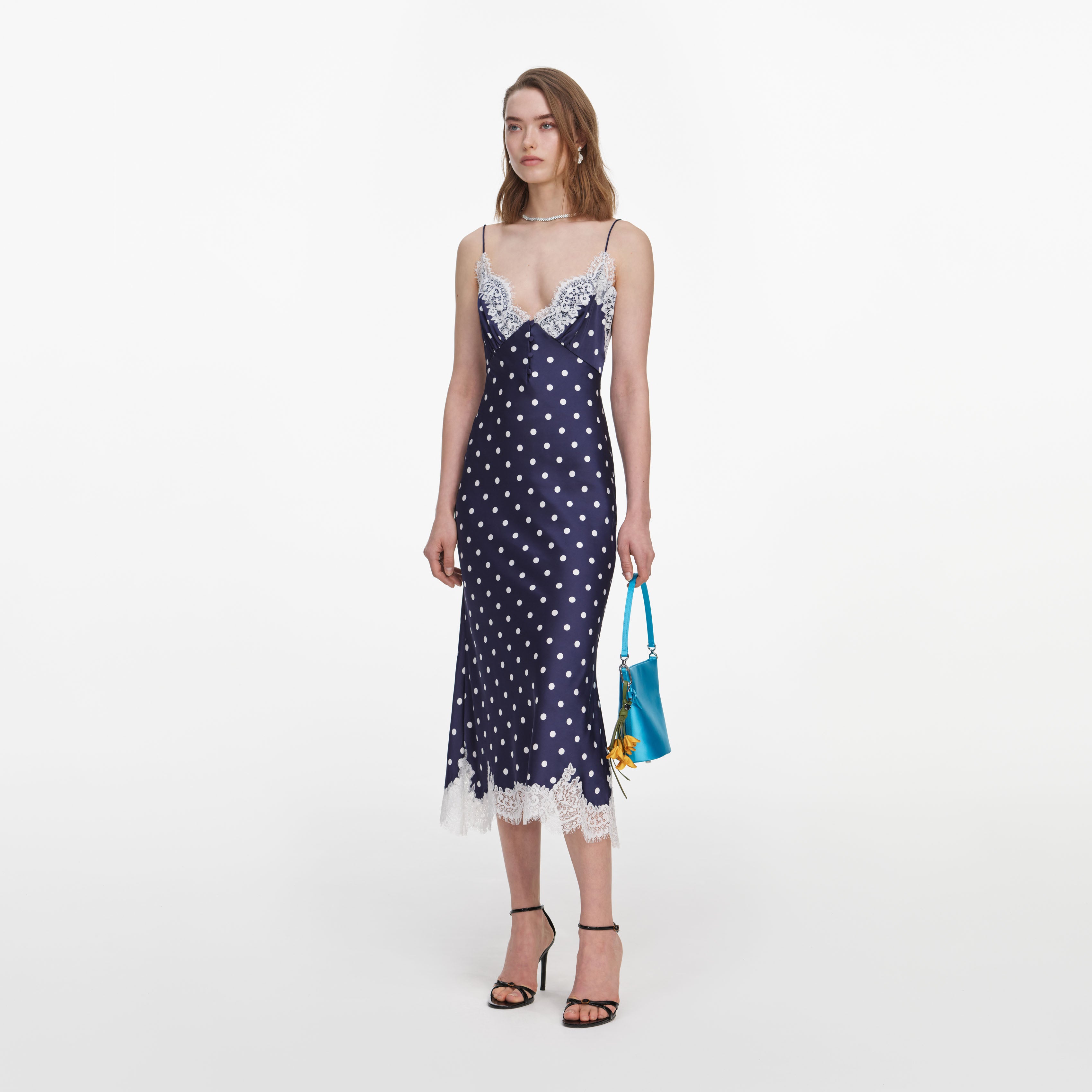 Navy Satin Polka Dot Midi Dress