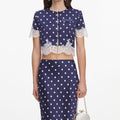 Navy Polka Dot Satin Midi Skirt