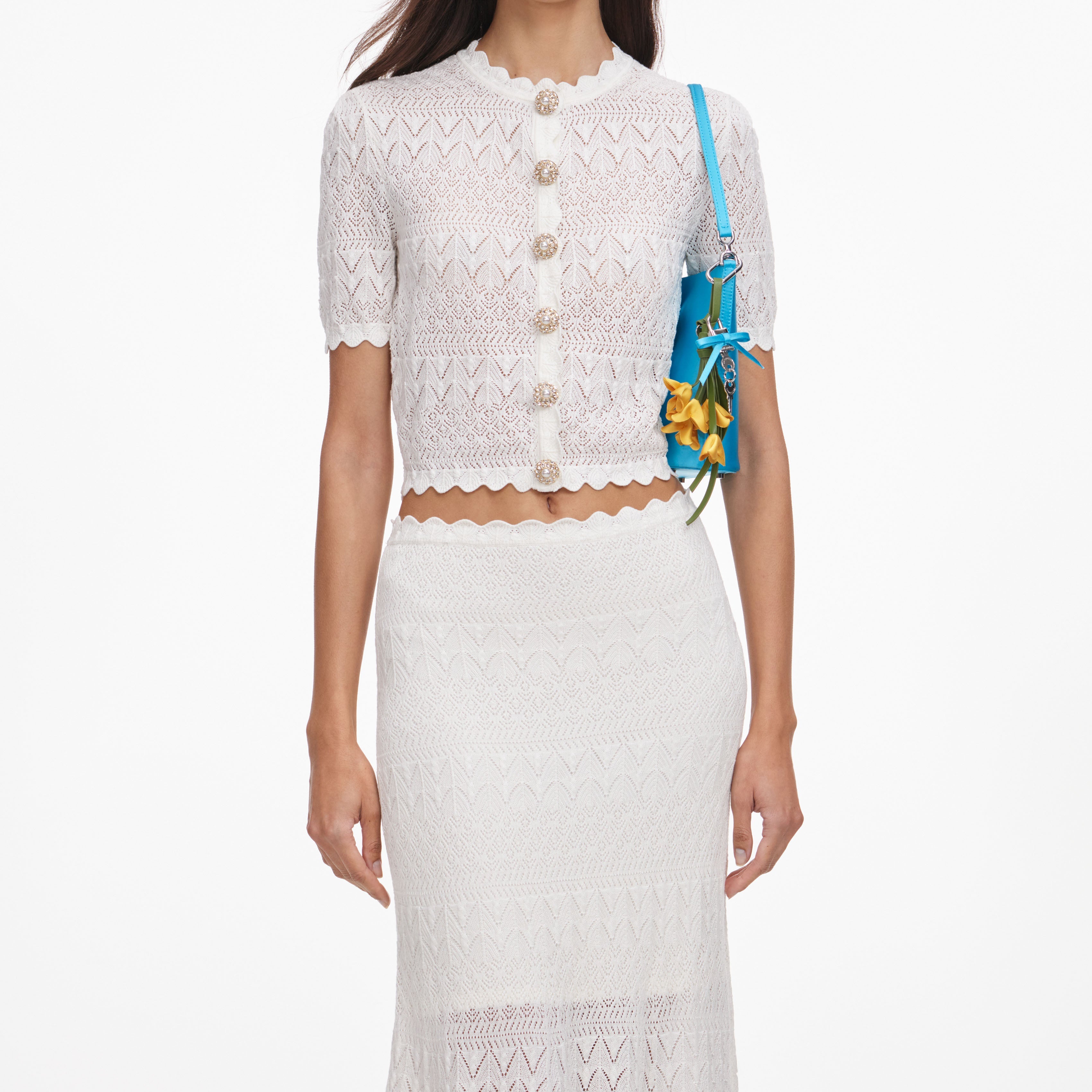 White Pointelle Knit Midi Skirt