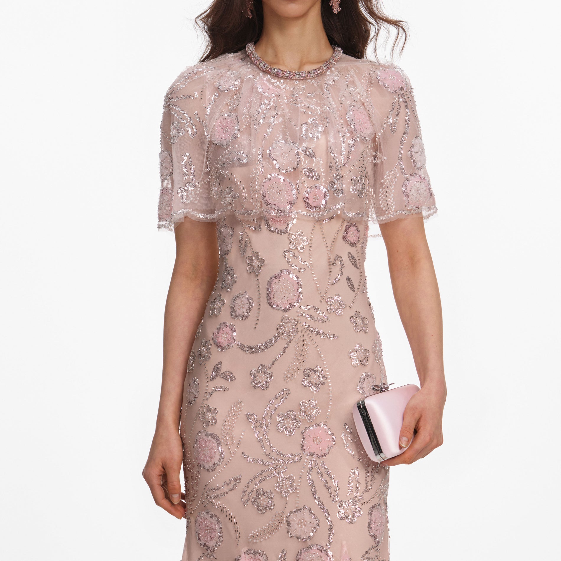 Pink Embellished Cape Midi Dress