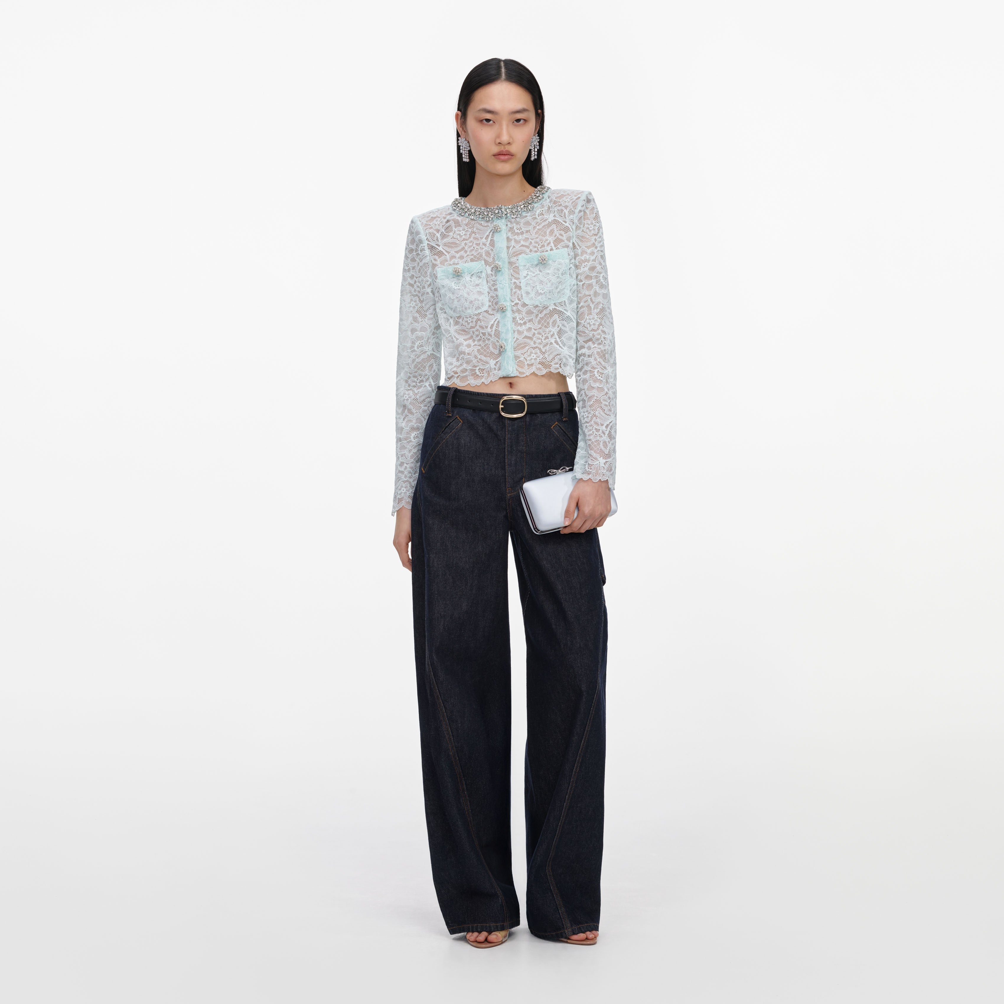 『self portrait』 (UK8) レース ジャケット Mint Lace Crystal Embellished Jacket – self-portrait-EU