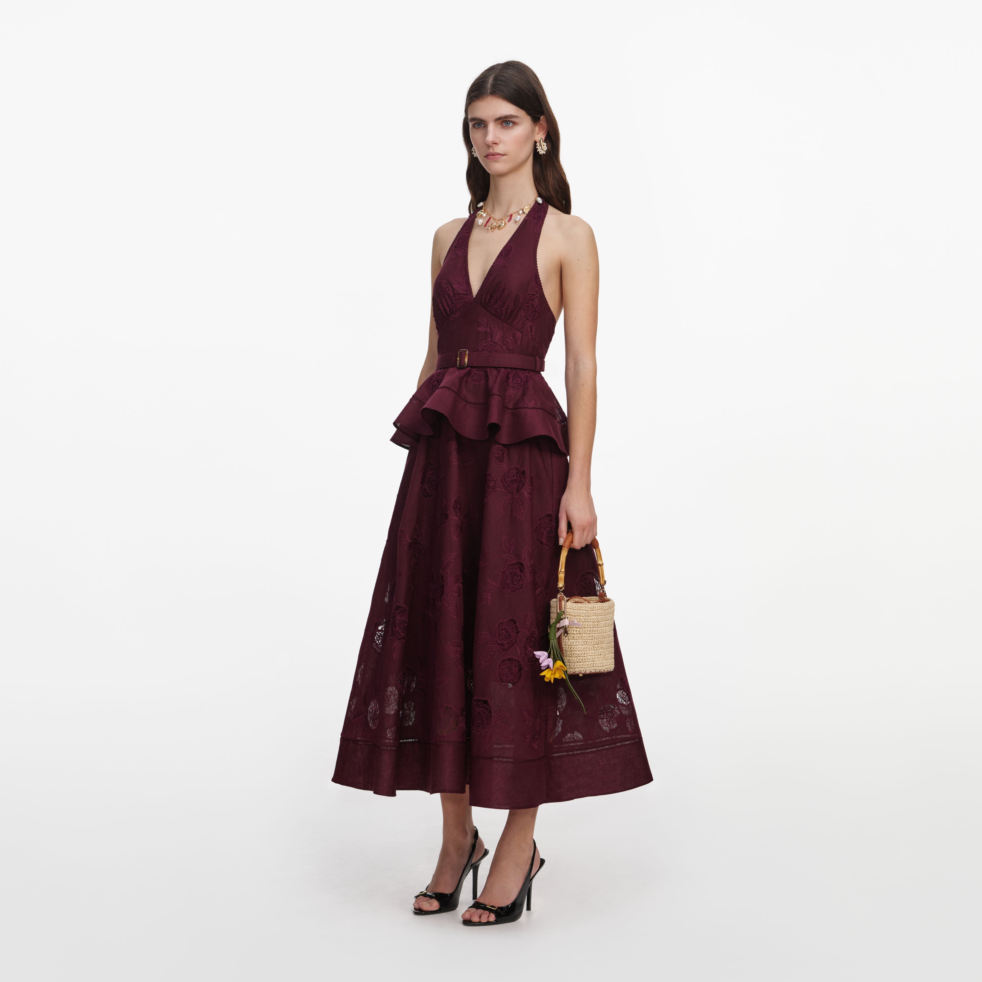 Plum Linen Blend Peplum Midi Dress