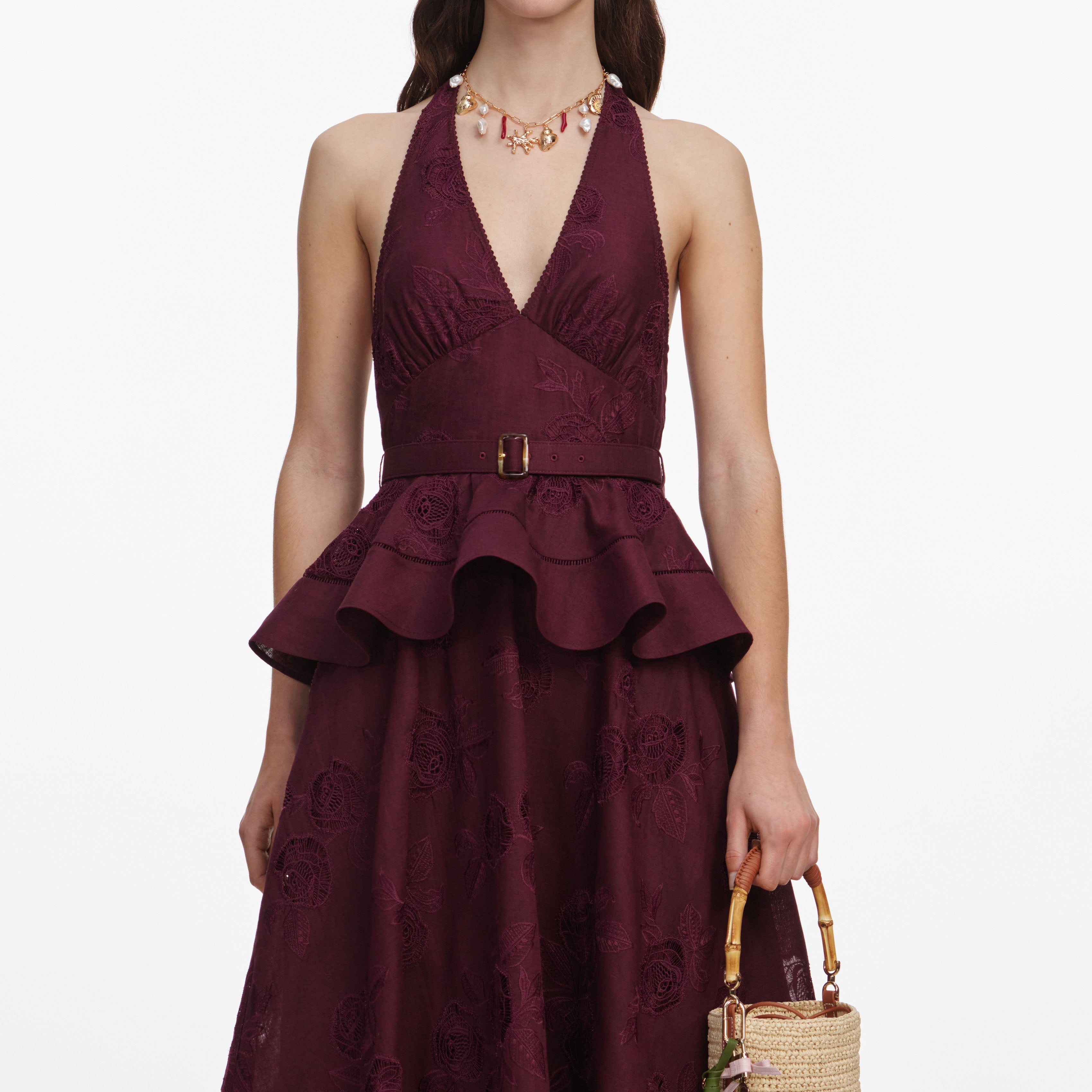 Plum Linen Blend Peplum Midi Dress