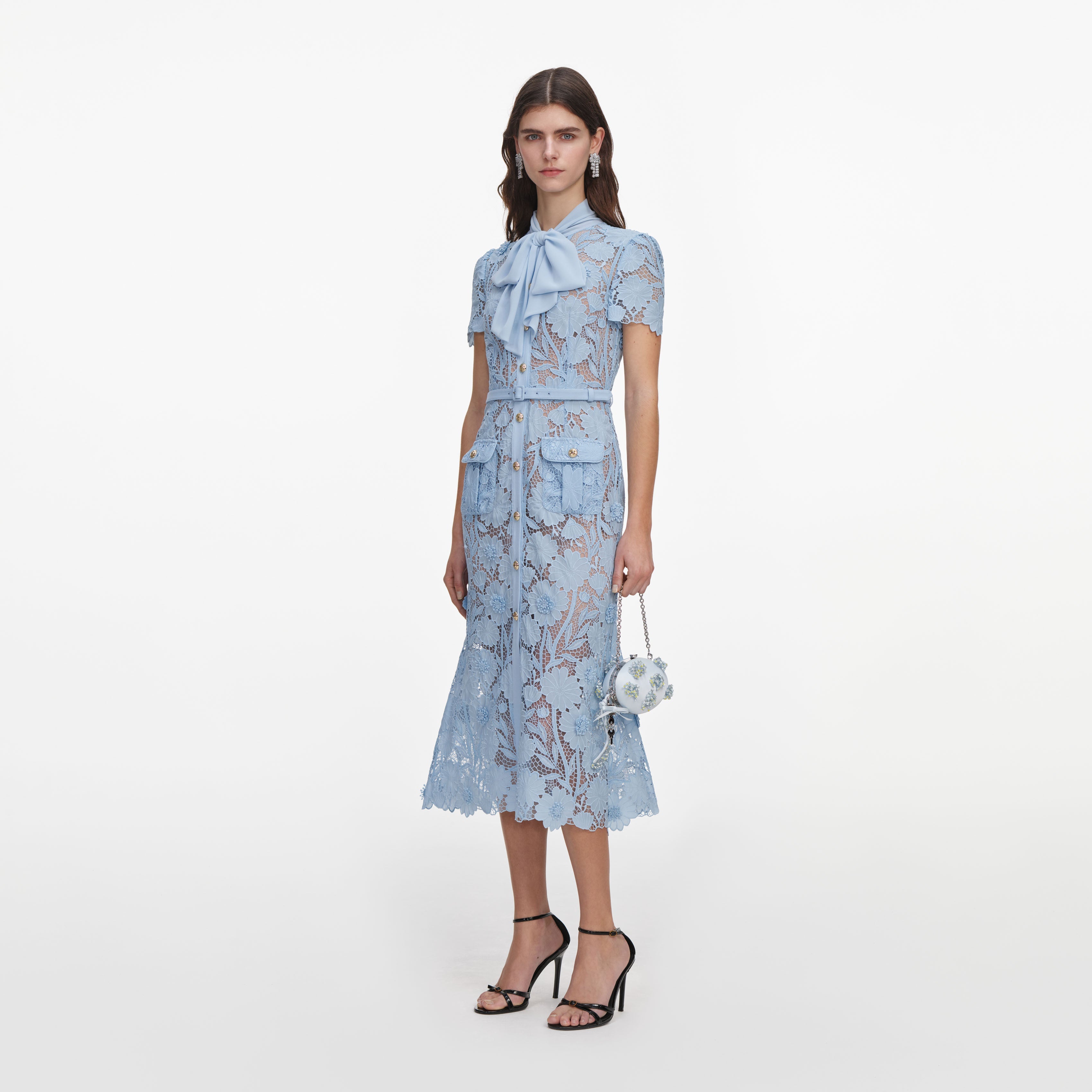 Blue Lace Tie Neck Midi Dress