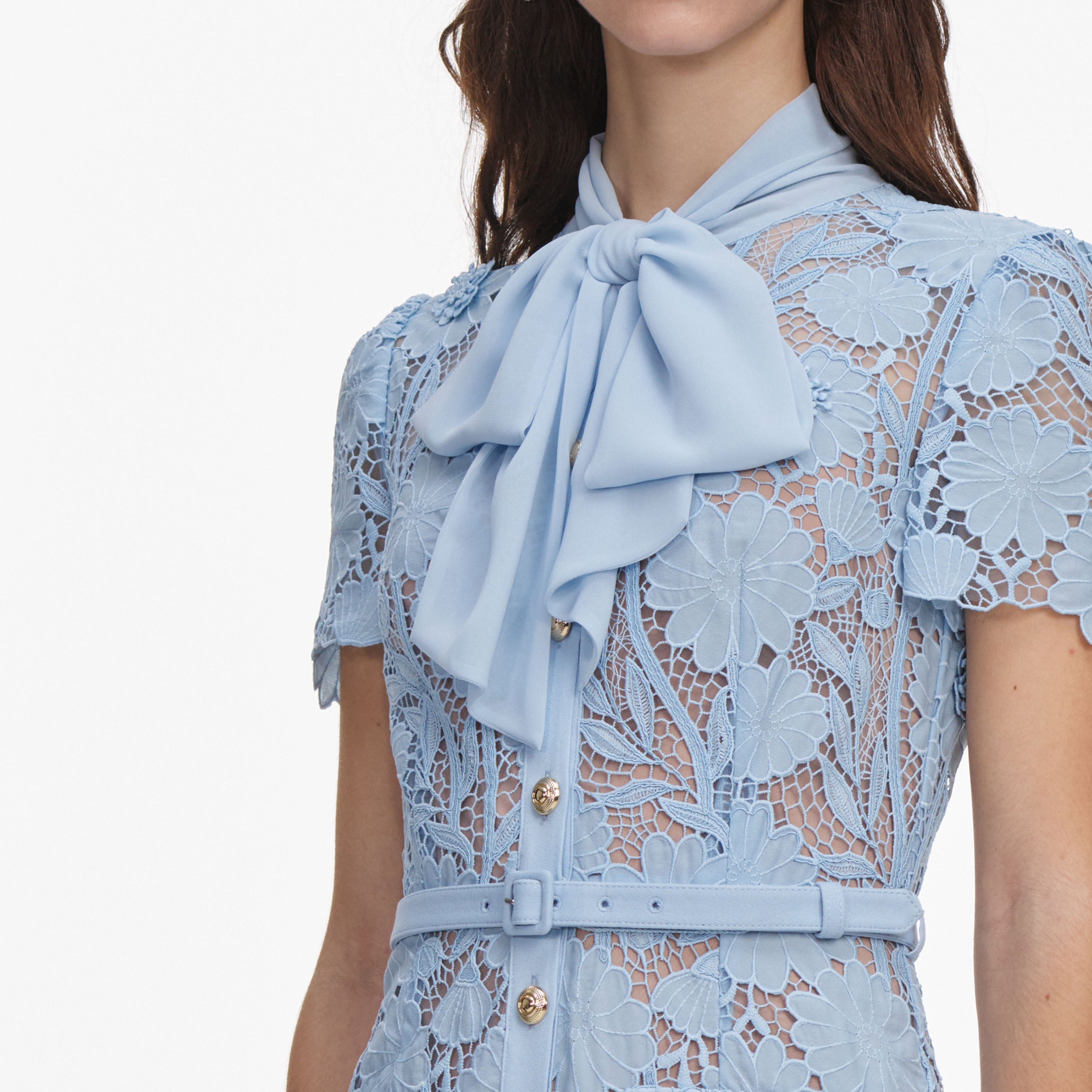 Blue Lace Tie Neck Midi Dress