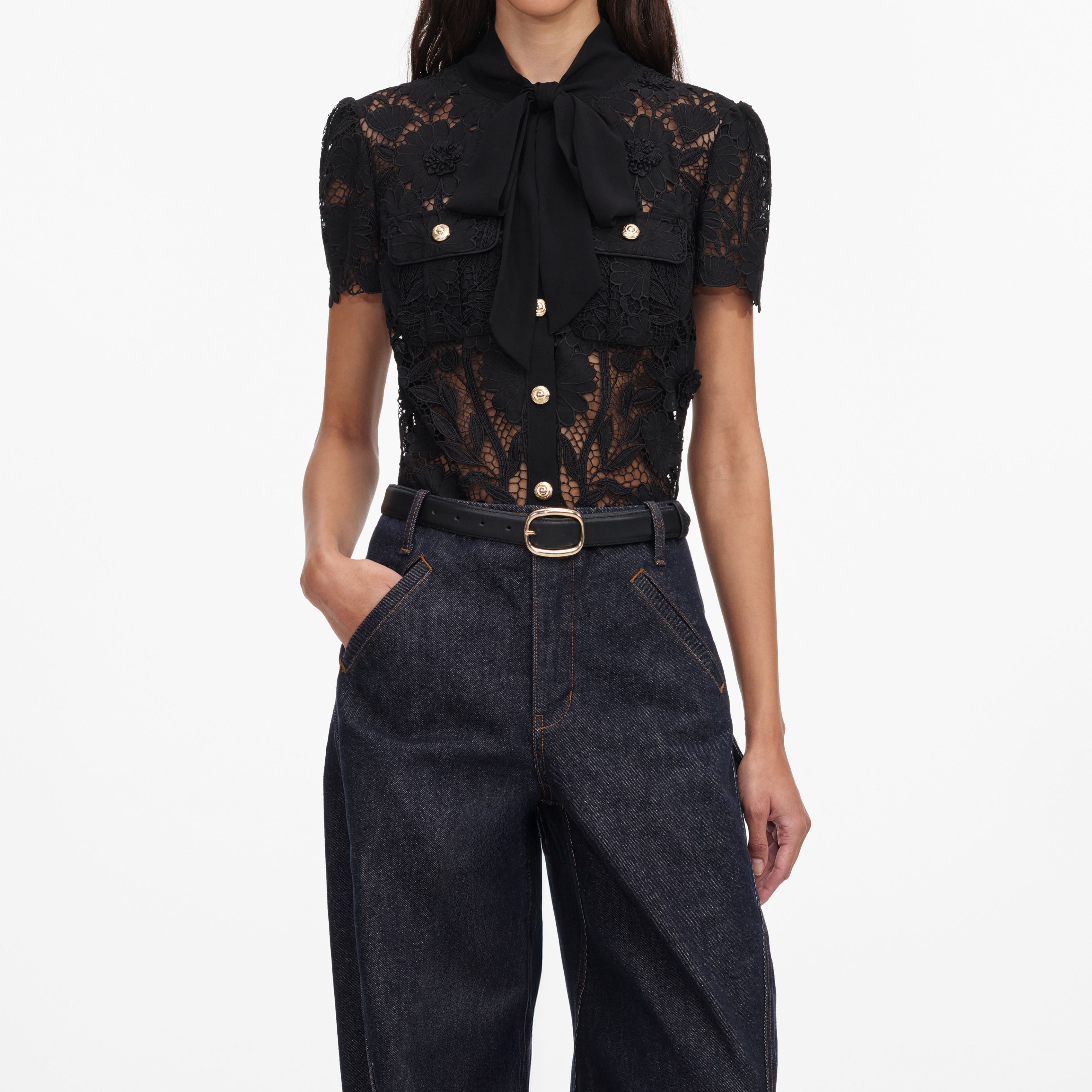 Black Lace Tie Neck Top