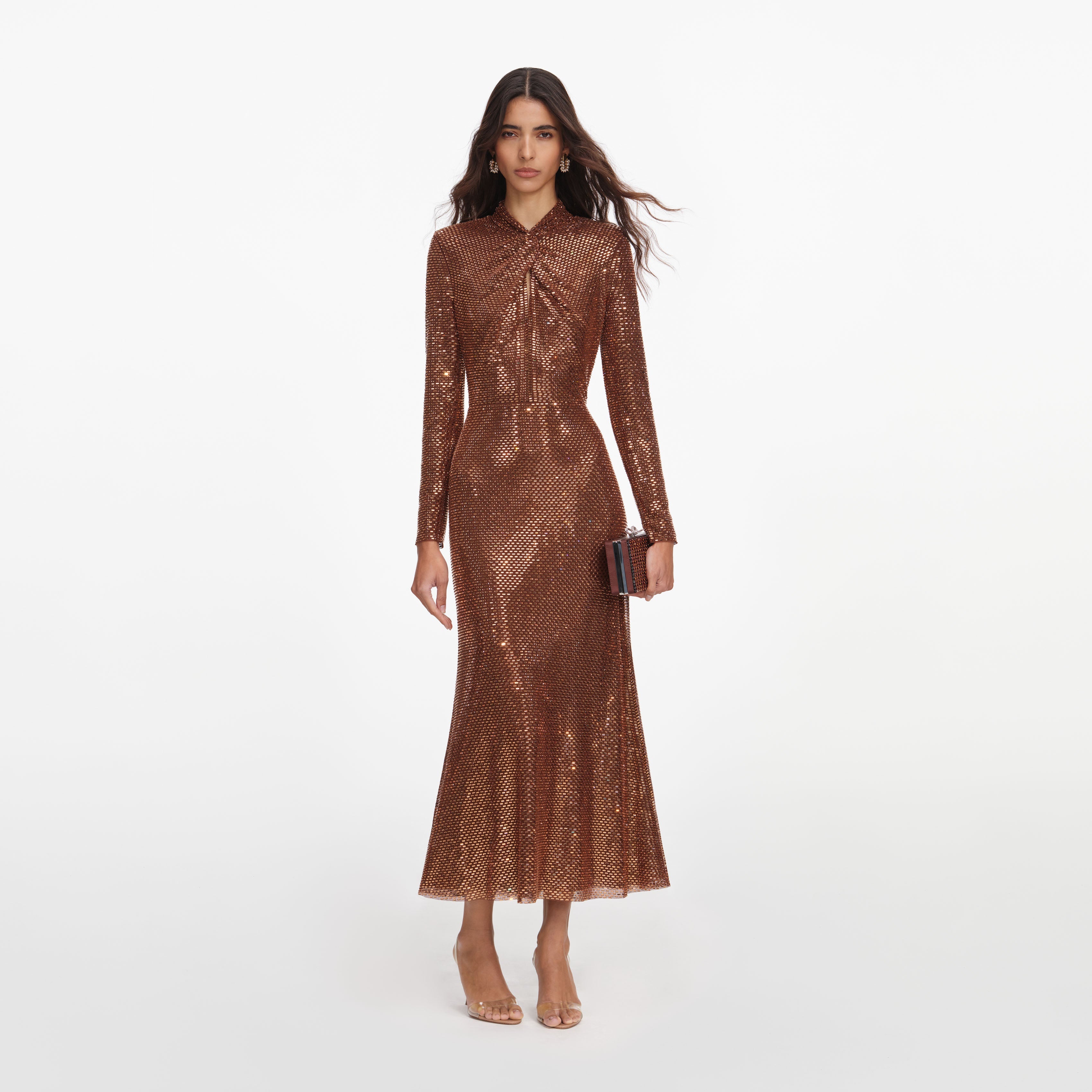 kaelynn metallic midi dress bronze Bronze Rhinestone Midi Dress – self-portrait-EU