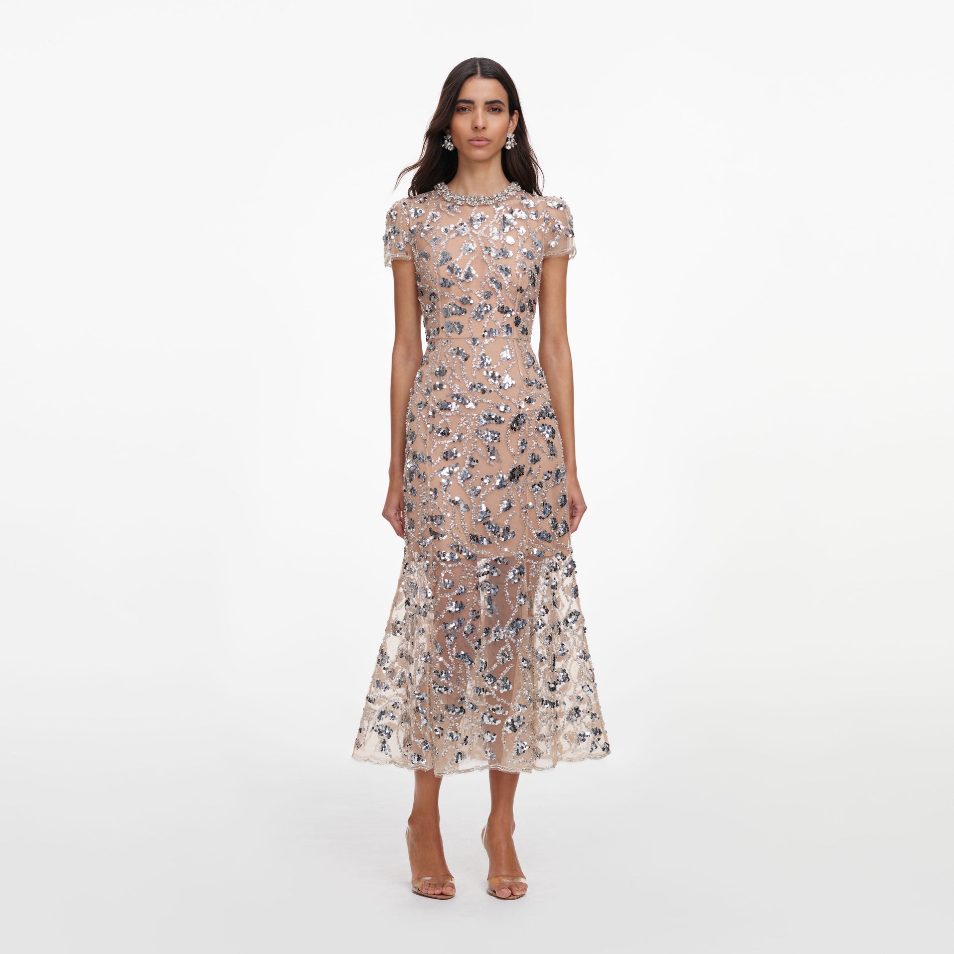 Front view of a woman wearing the Silver Sequin Embellished Midi Dress