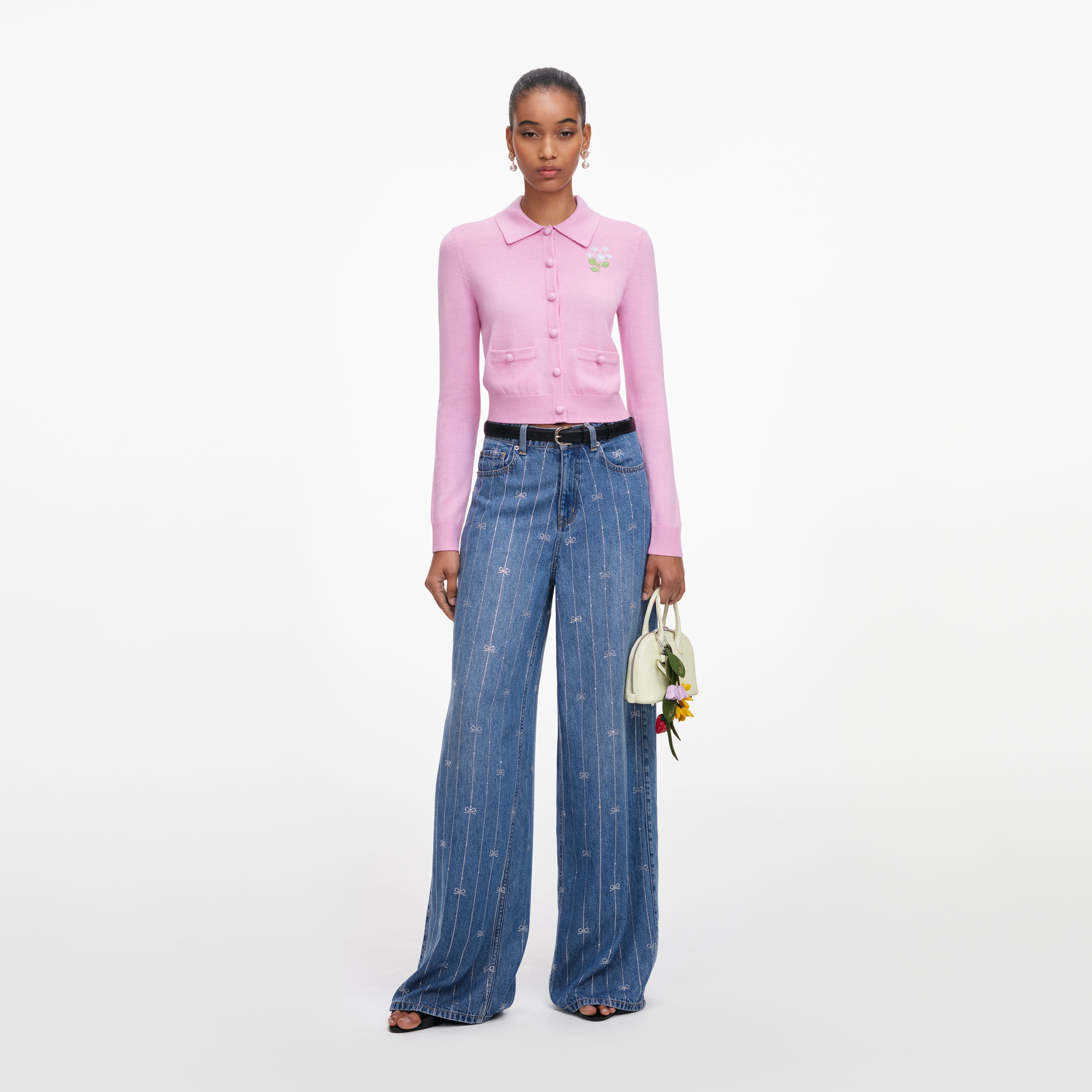 Pink Flower Embroidered Knit Cardigan – self-portrait-EU