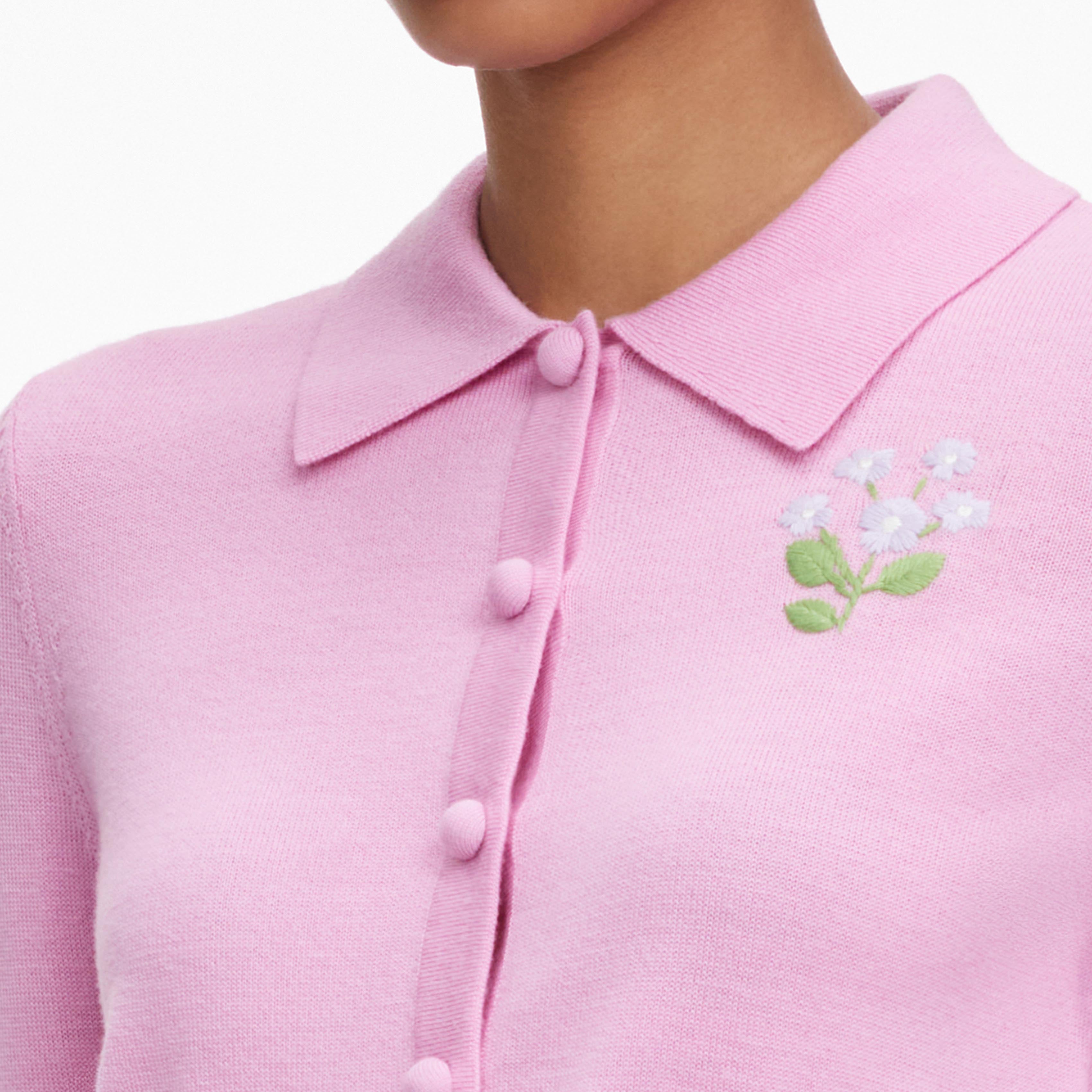 Pink Flower Embroidered Knit Cardigan
