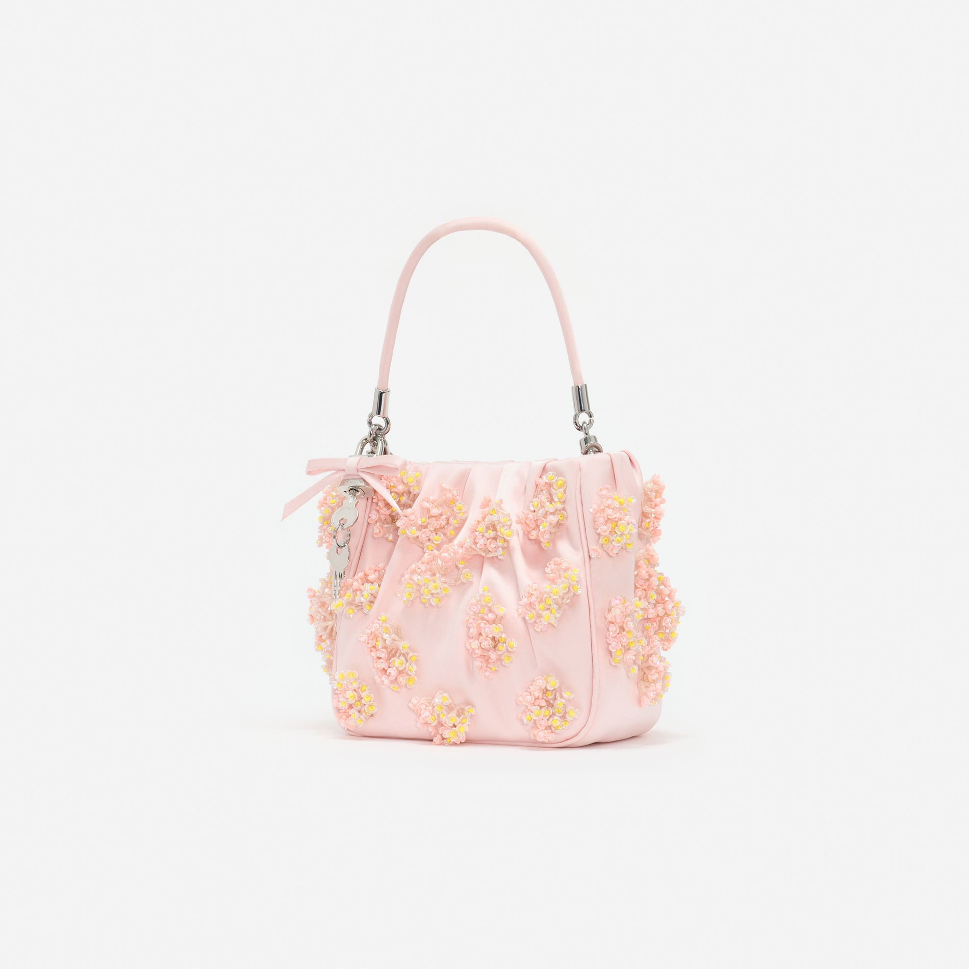 Pink Satin Floral Beaded Tote Bag