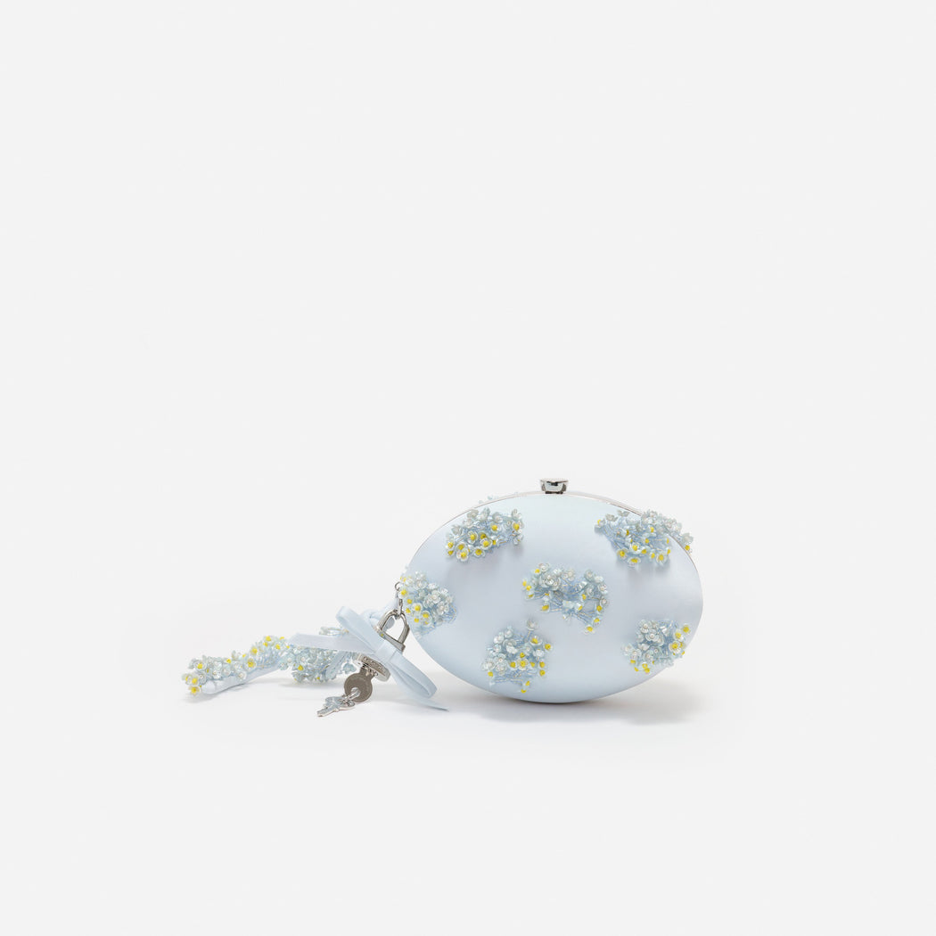 Blue Satin Floral Beaded Oval Clutch