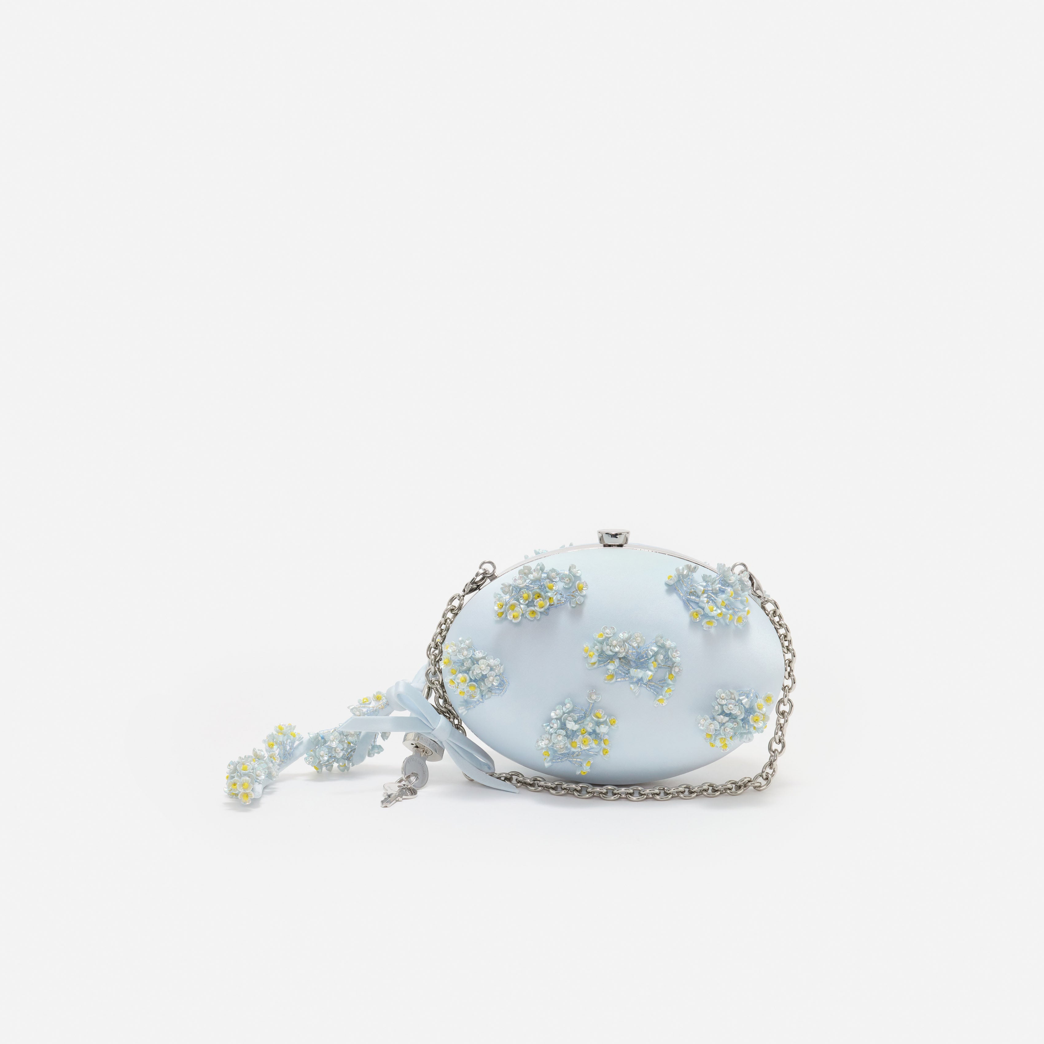 Blue Satin Floral Beaded Oval Clutch
