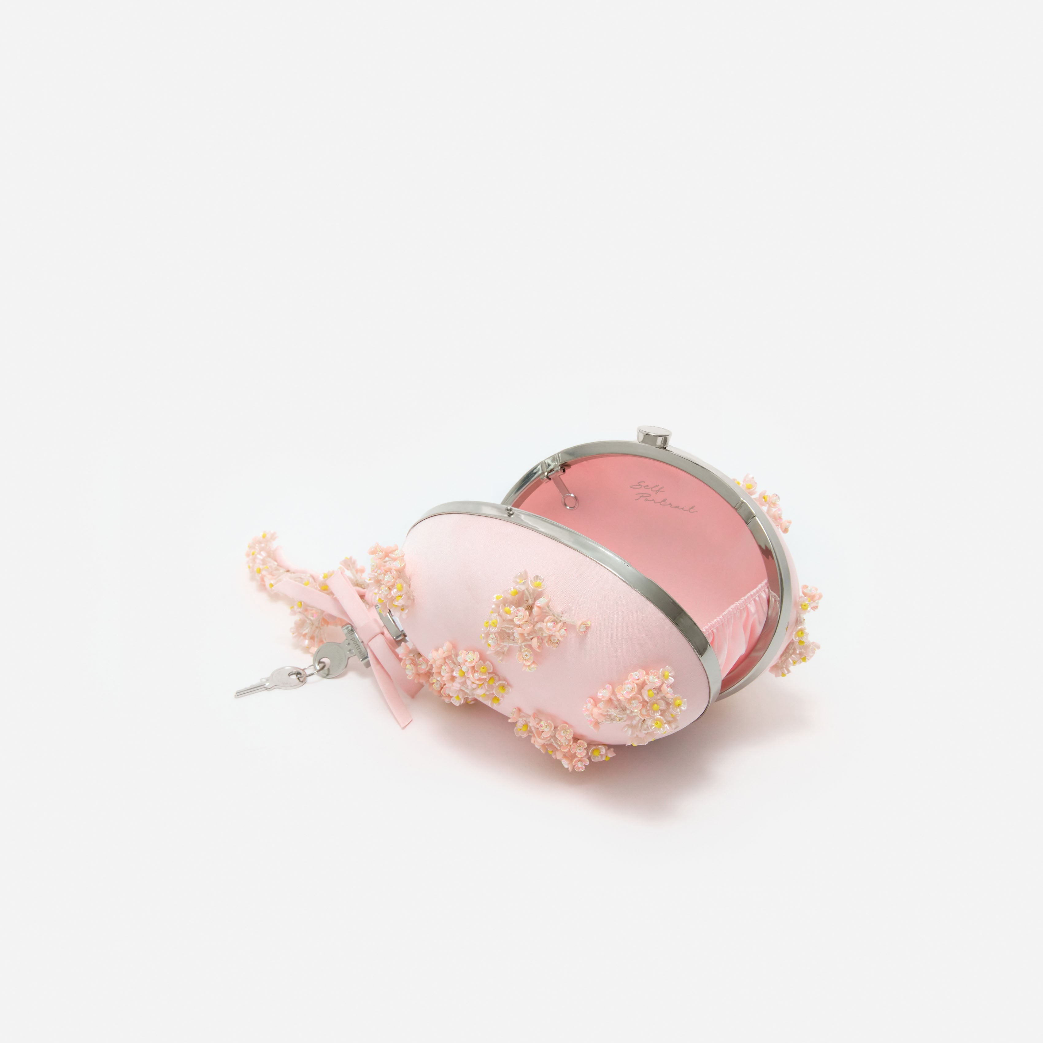 Pink Satin Floral Beaded Oval Clutch