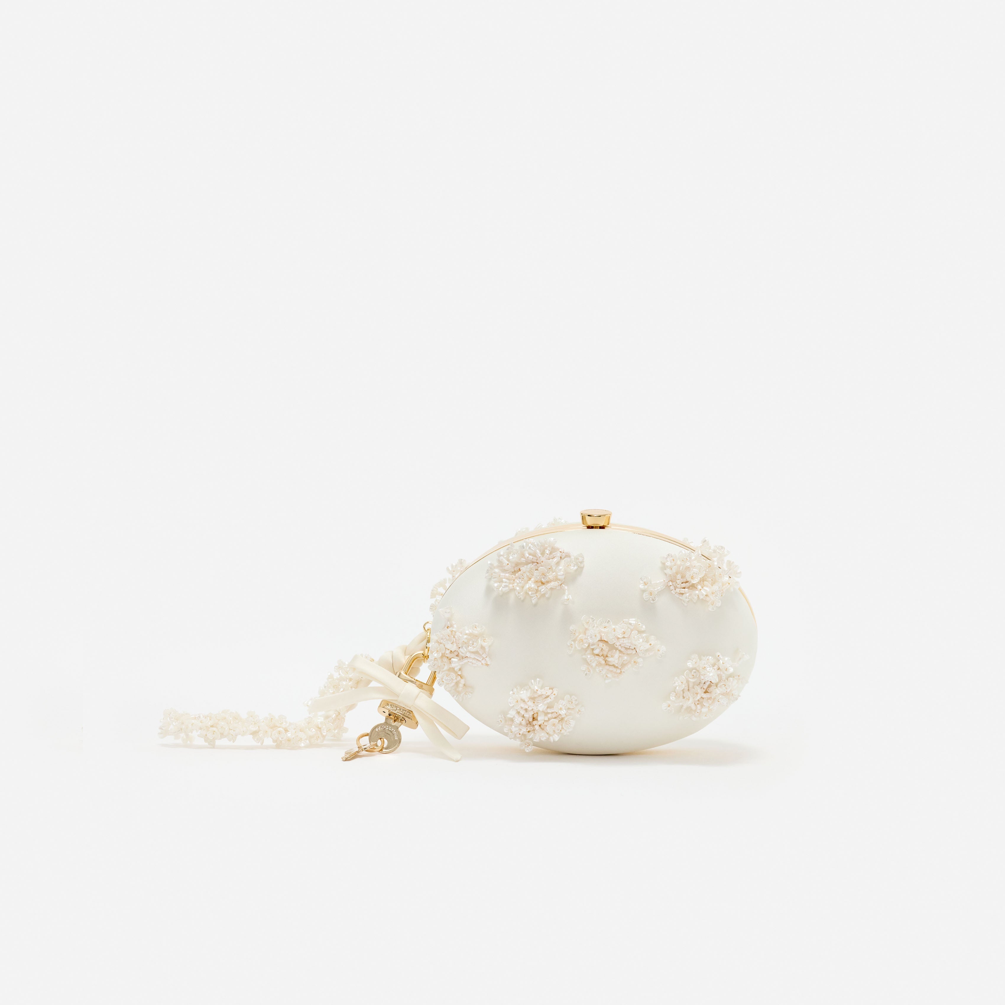 Cream Satin Floral Beaded Oval Clutch