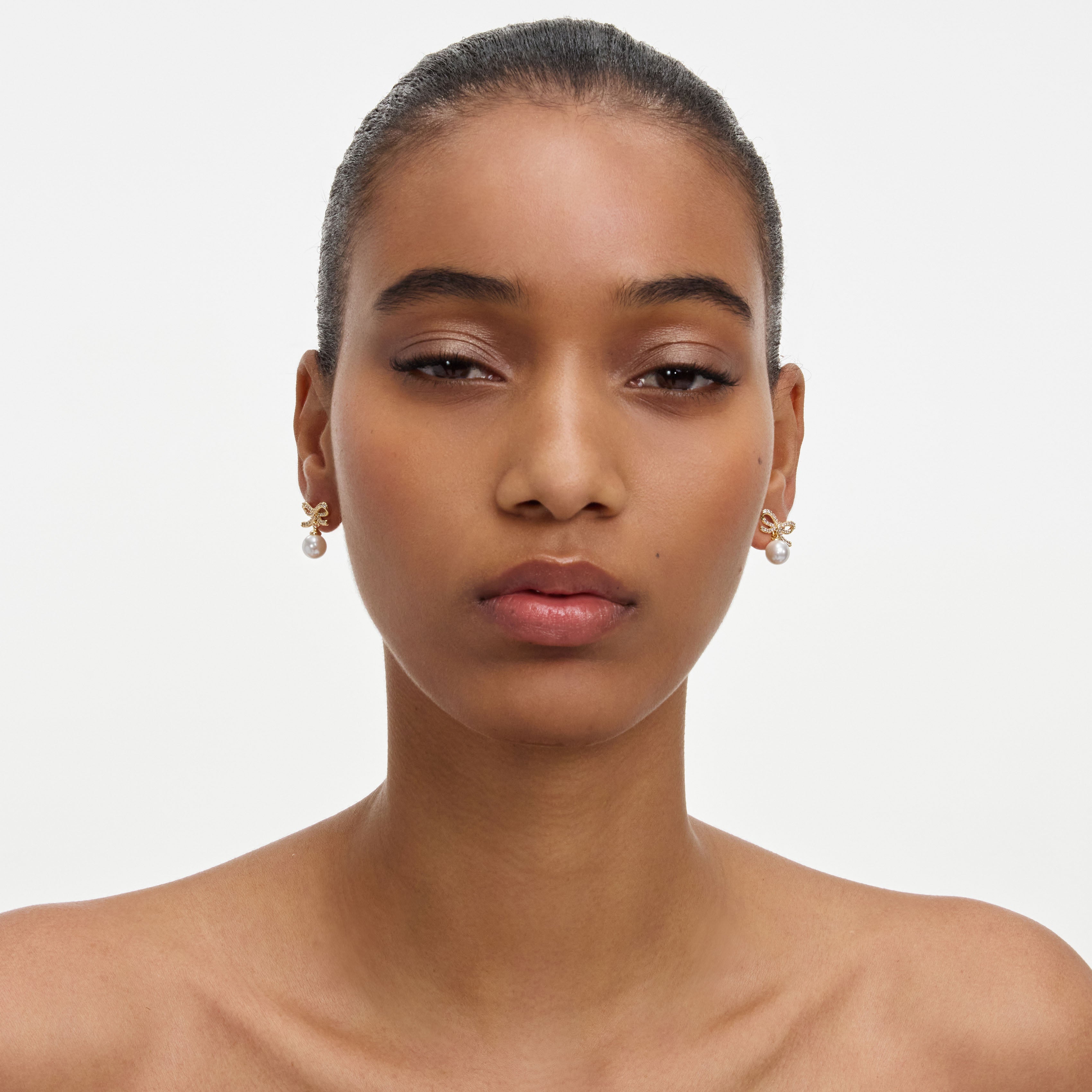 Gold Bow Pearl Earrings