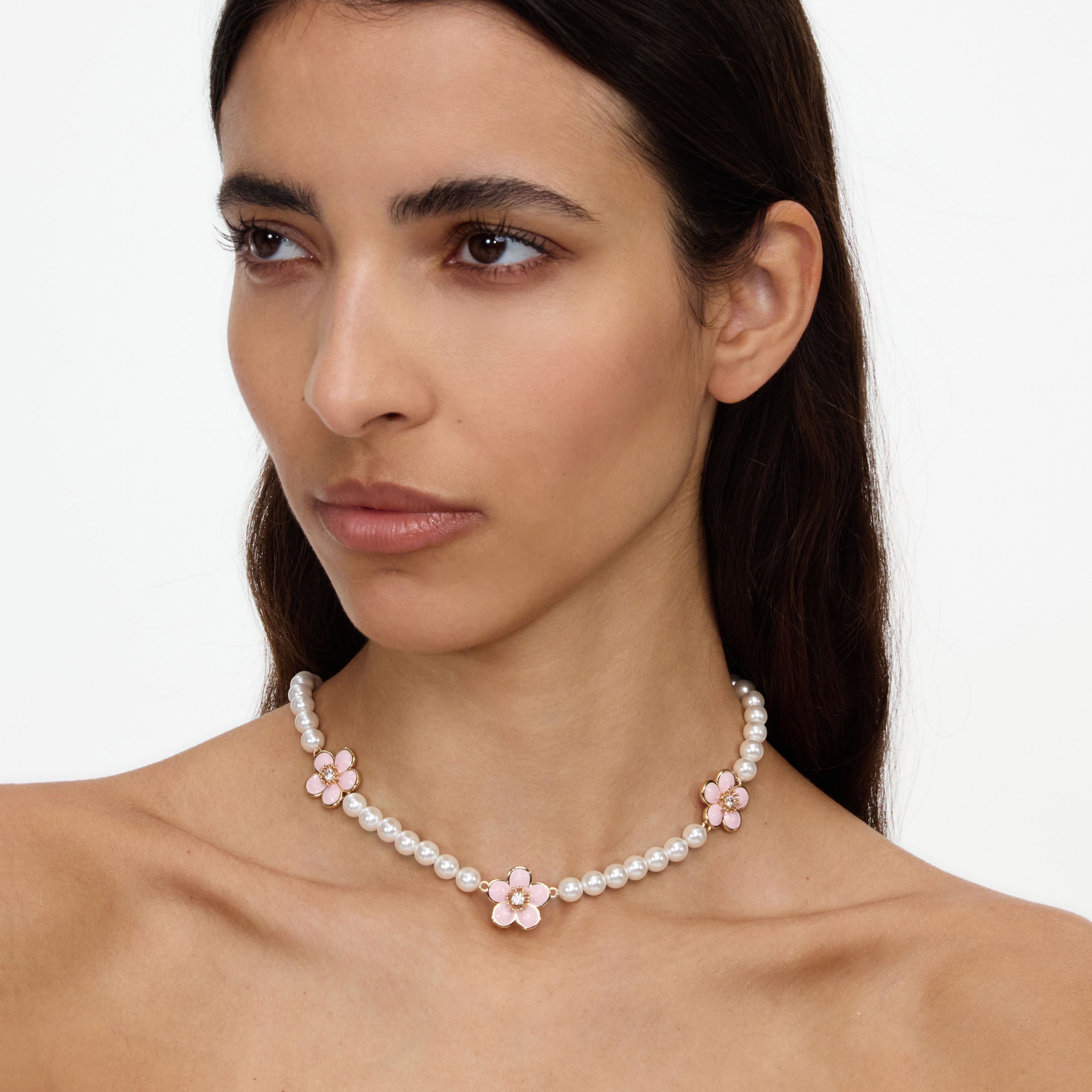 Pink Enamel Flower Pearl Choker