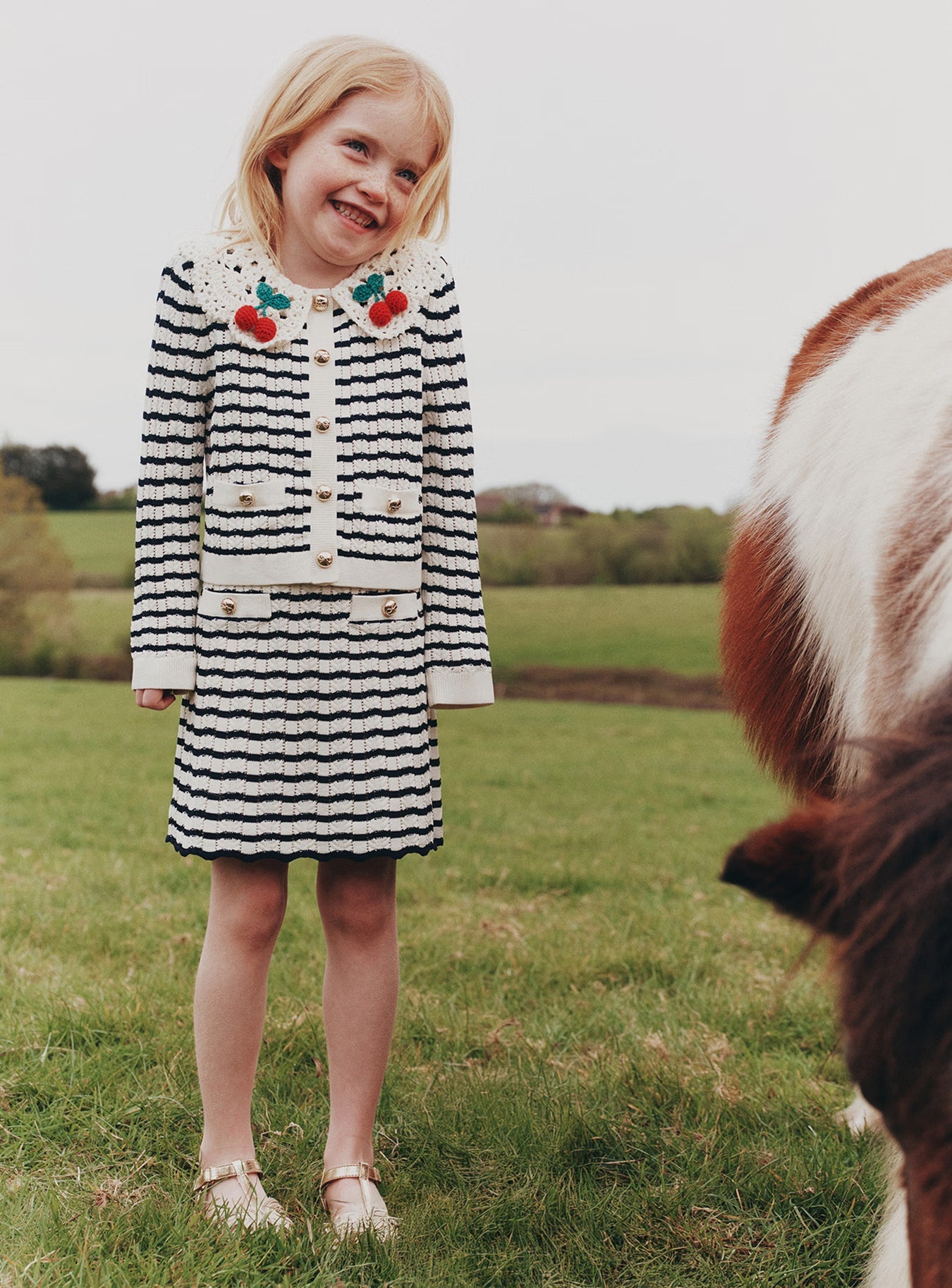 Cream And Navy Striped Knitted Skirt