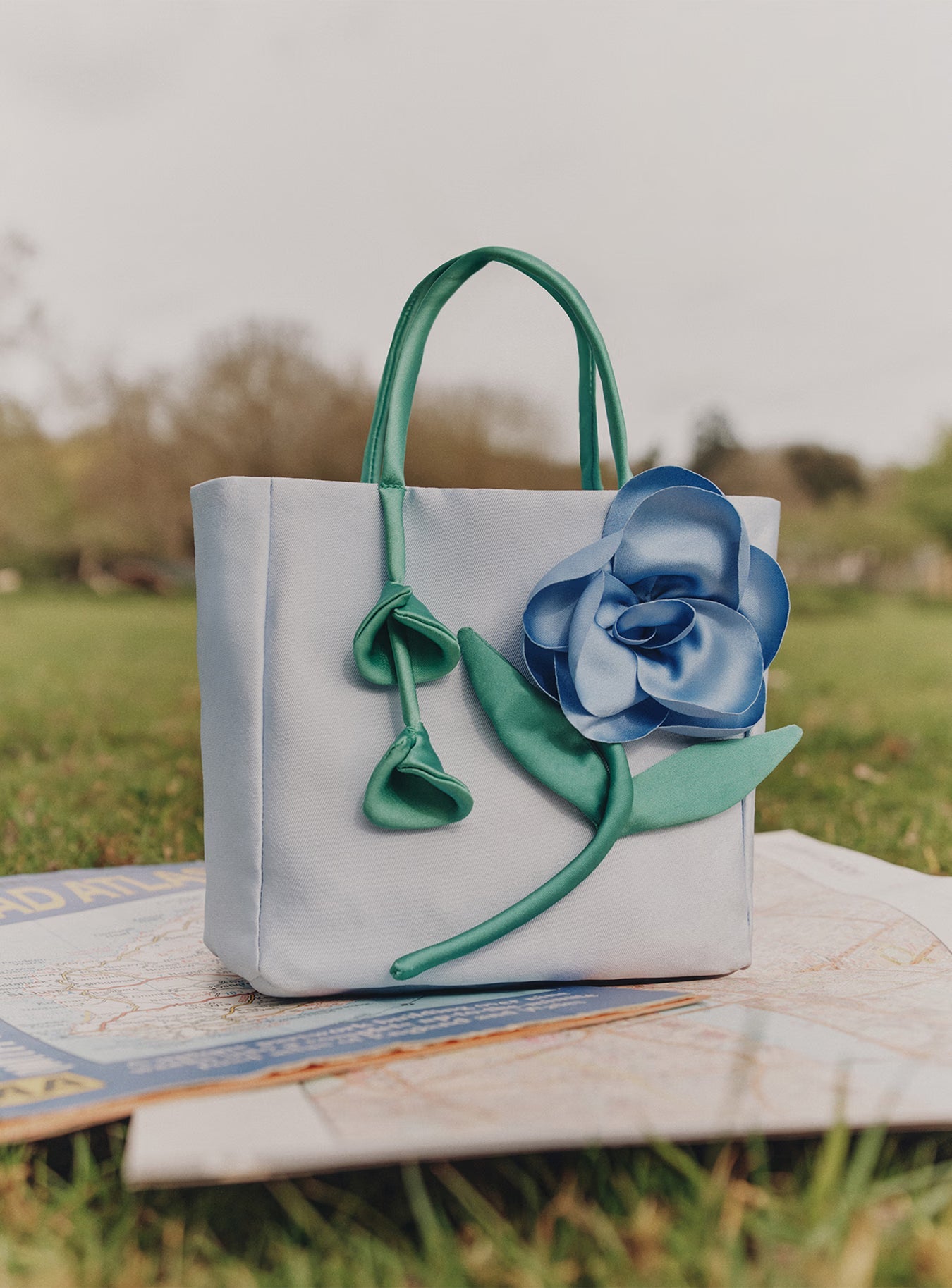 Blue Taffeta 3D Flower Bag