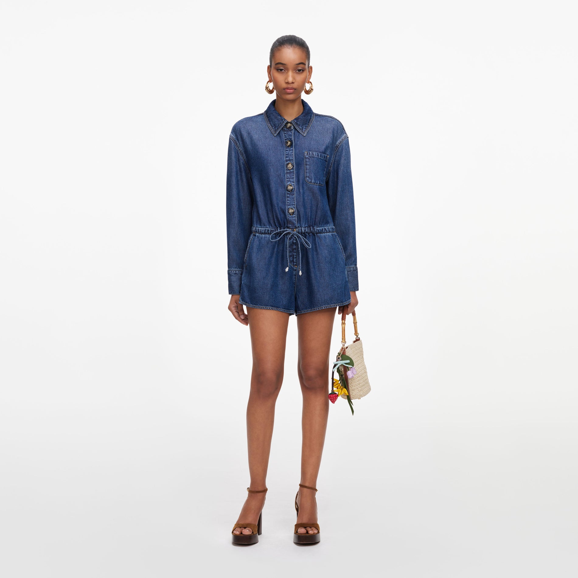 Front view of a woman wearing the Denim Relaxed Fit Playsuit