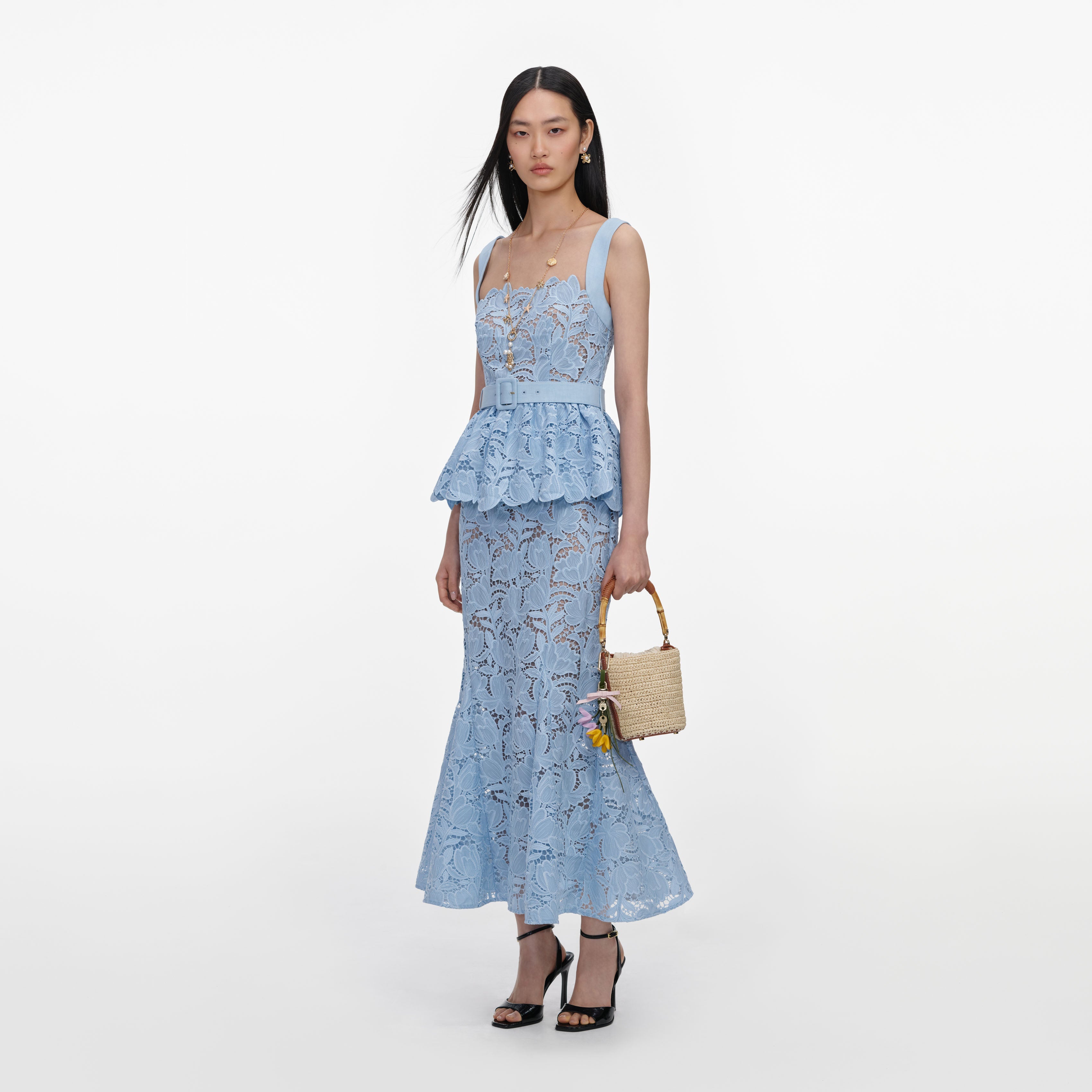 Blue Lace Peplum Midi Dress