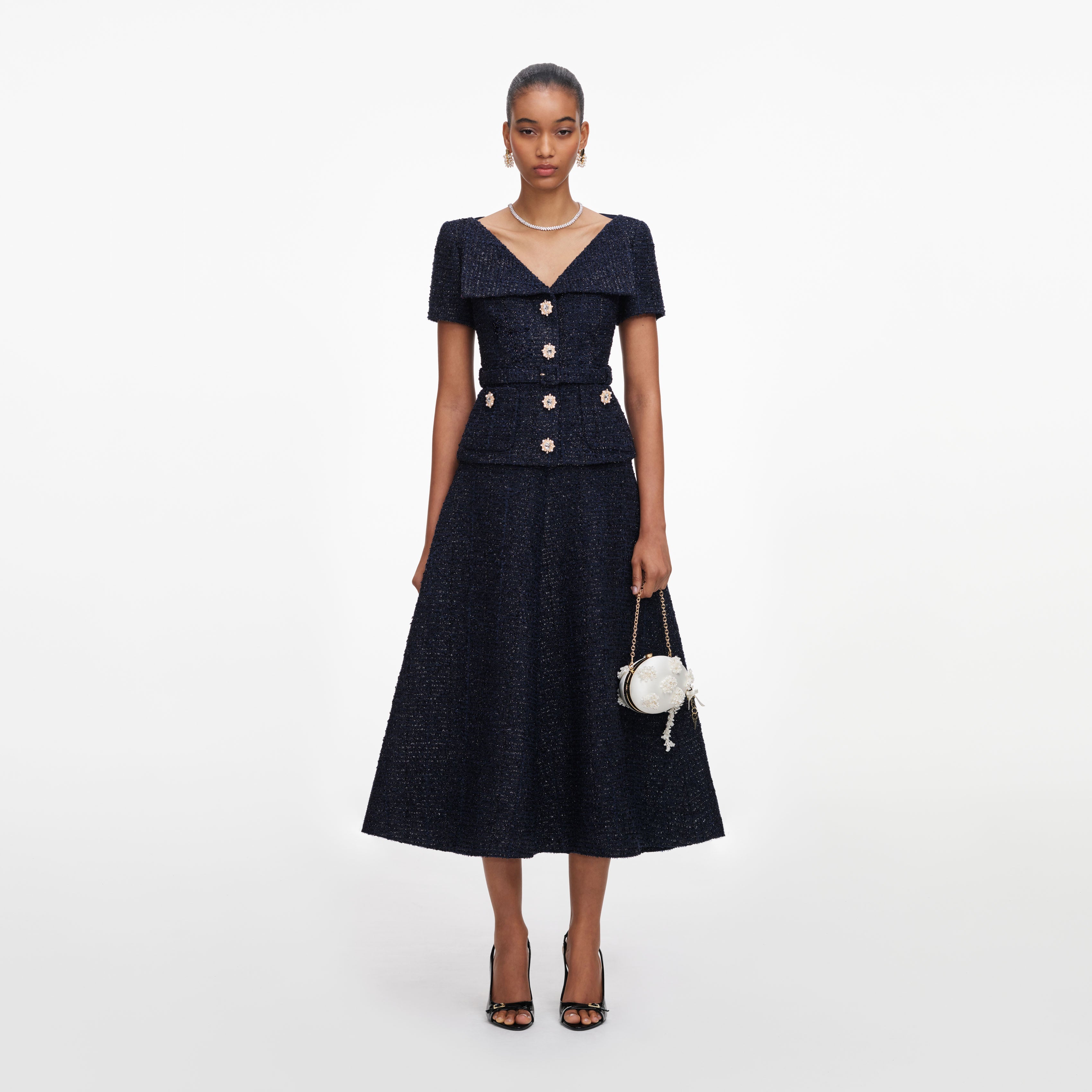 Navy Boucle Tailored Midi Dress
