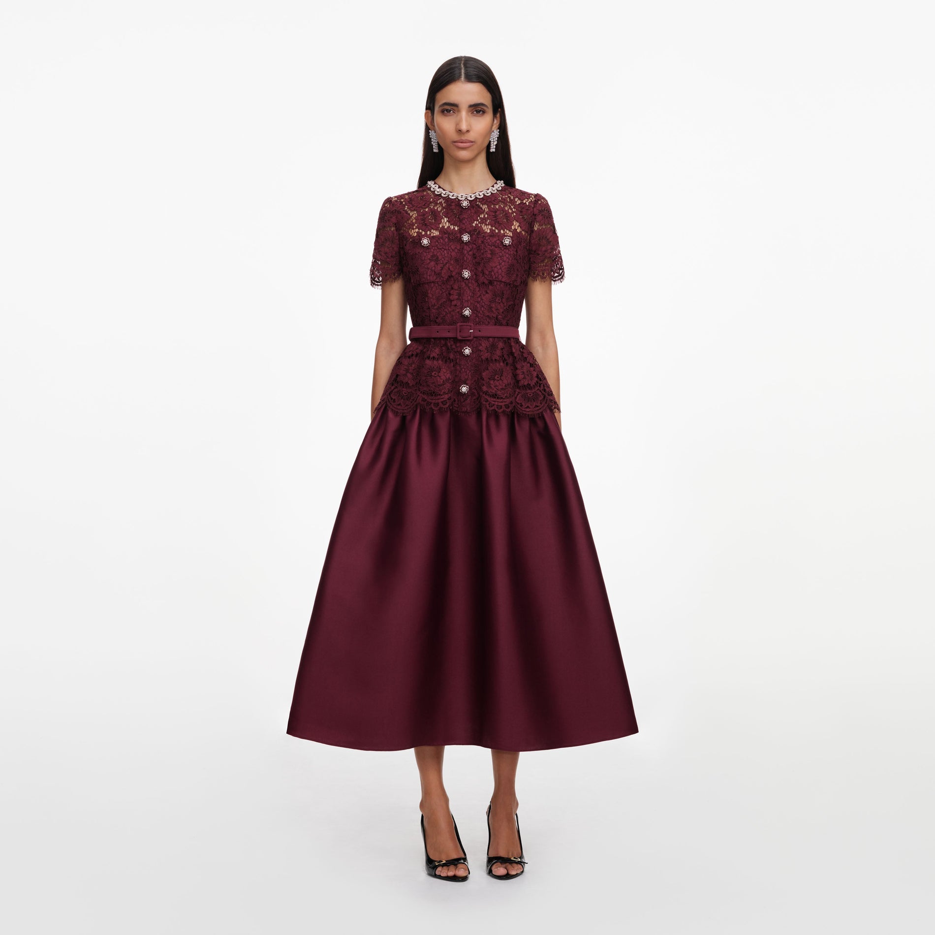 Front view of a woman wearing the Burgundy Lace Taffeta Midi Dress