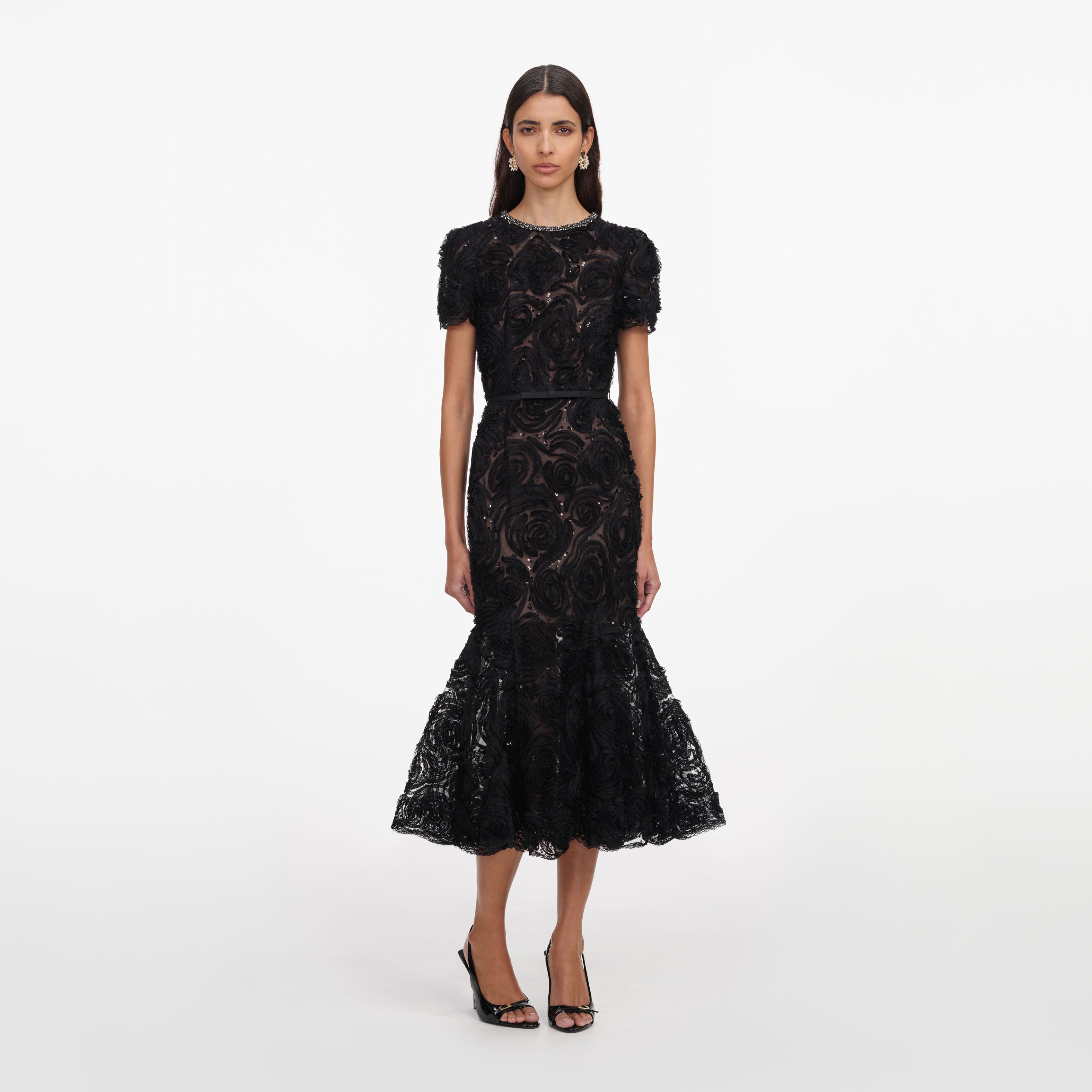 Black Tulle Lace Midi Dress