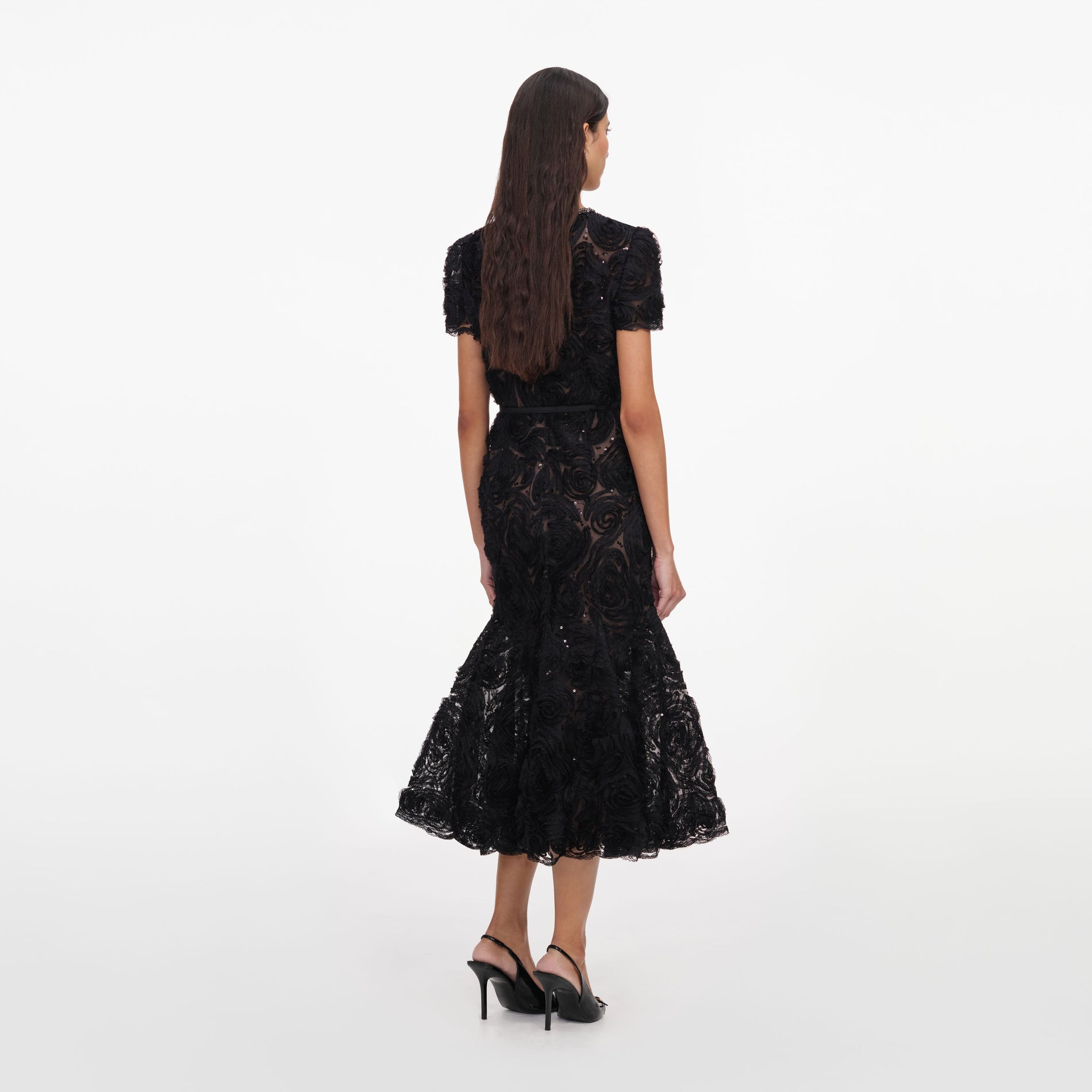 Back view of a woman wearing the Black Tulle Lace Midi Dress