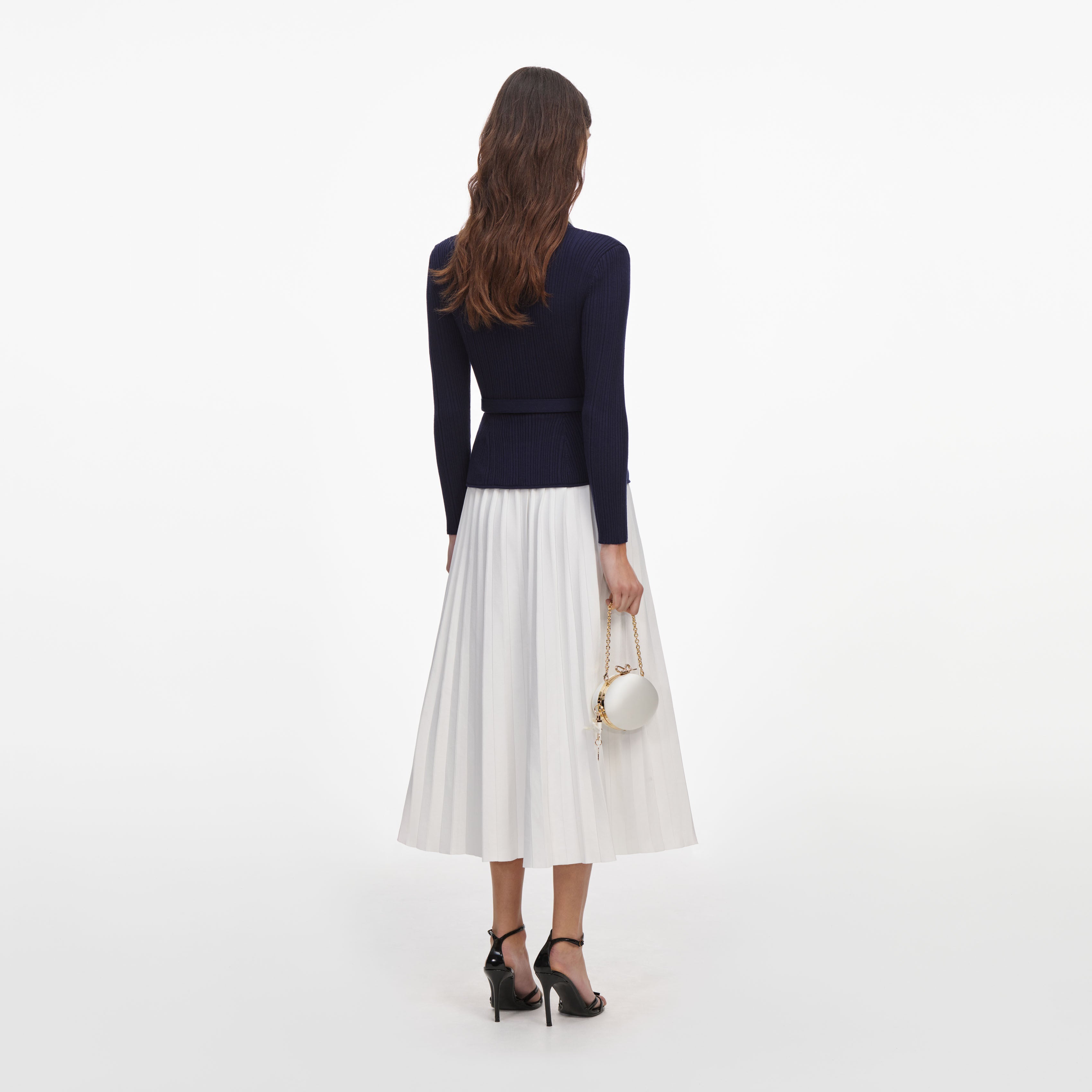 Navy Ribbed Knit Contrast Midi Dress