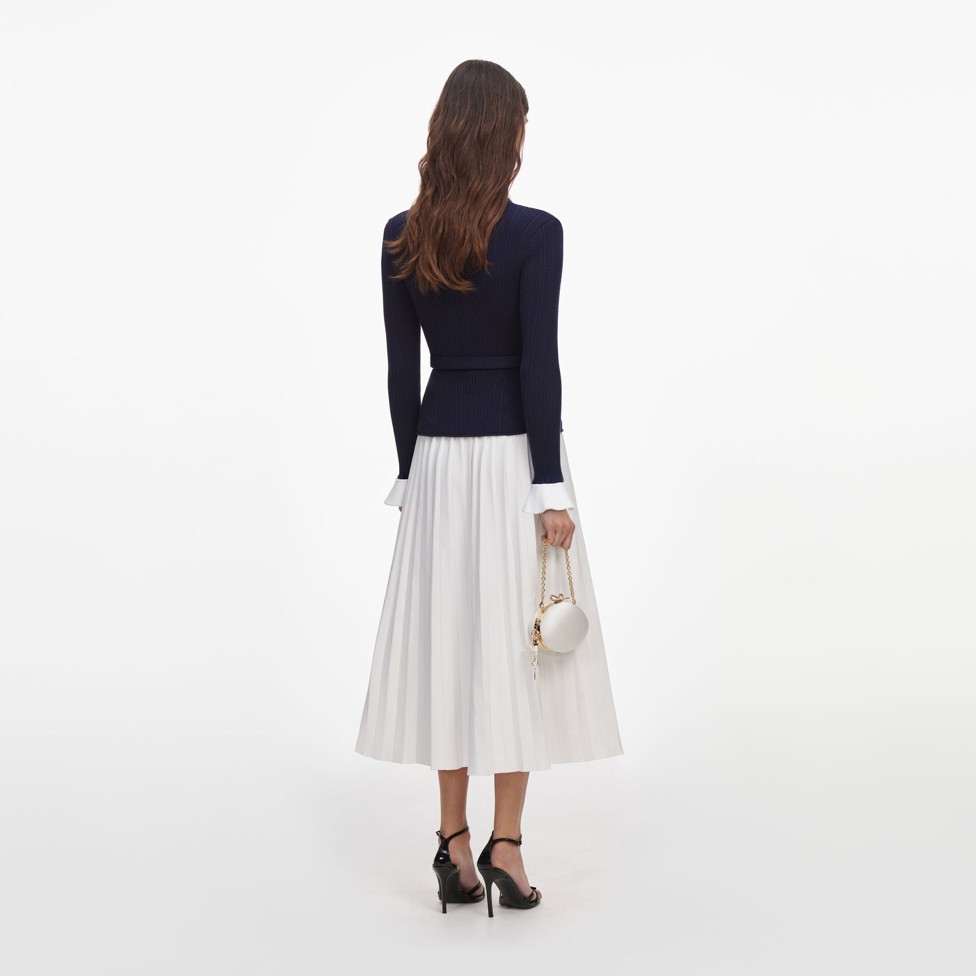 Navy Ribbed Knit Contrast Midi Dress