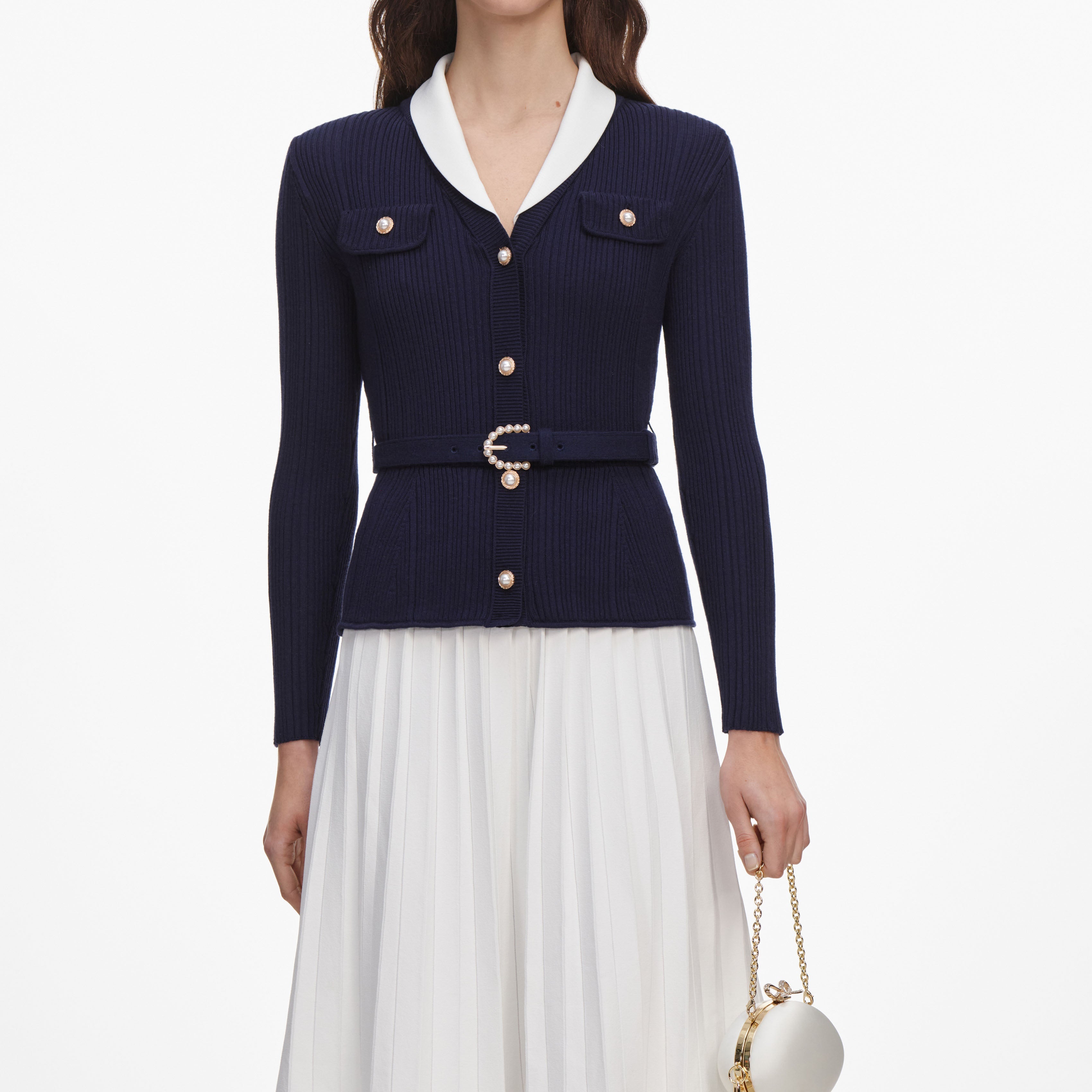 Navy Ribbed Knit Contrast Midi Dress