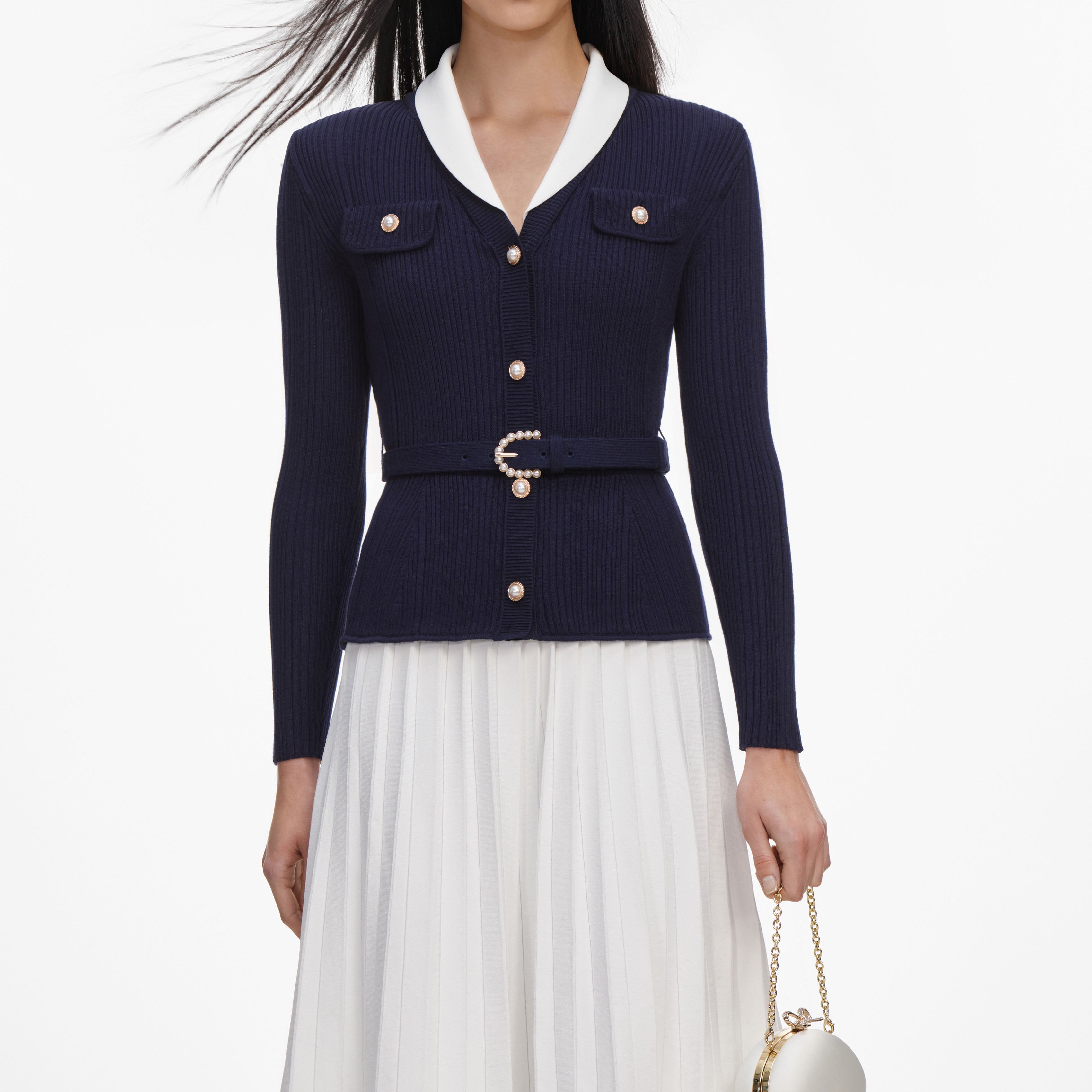 Navy Ribbed Knit Contrast Midi Dress