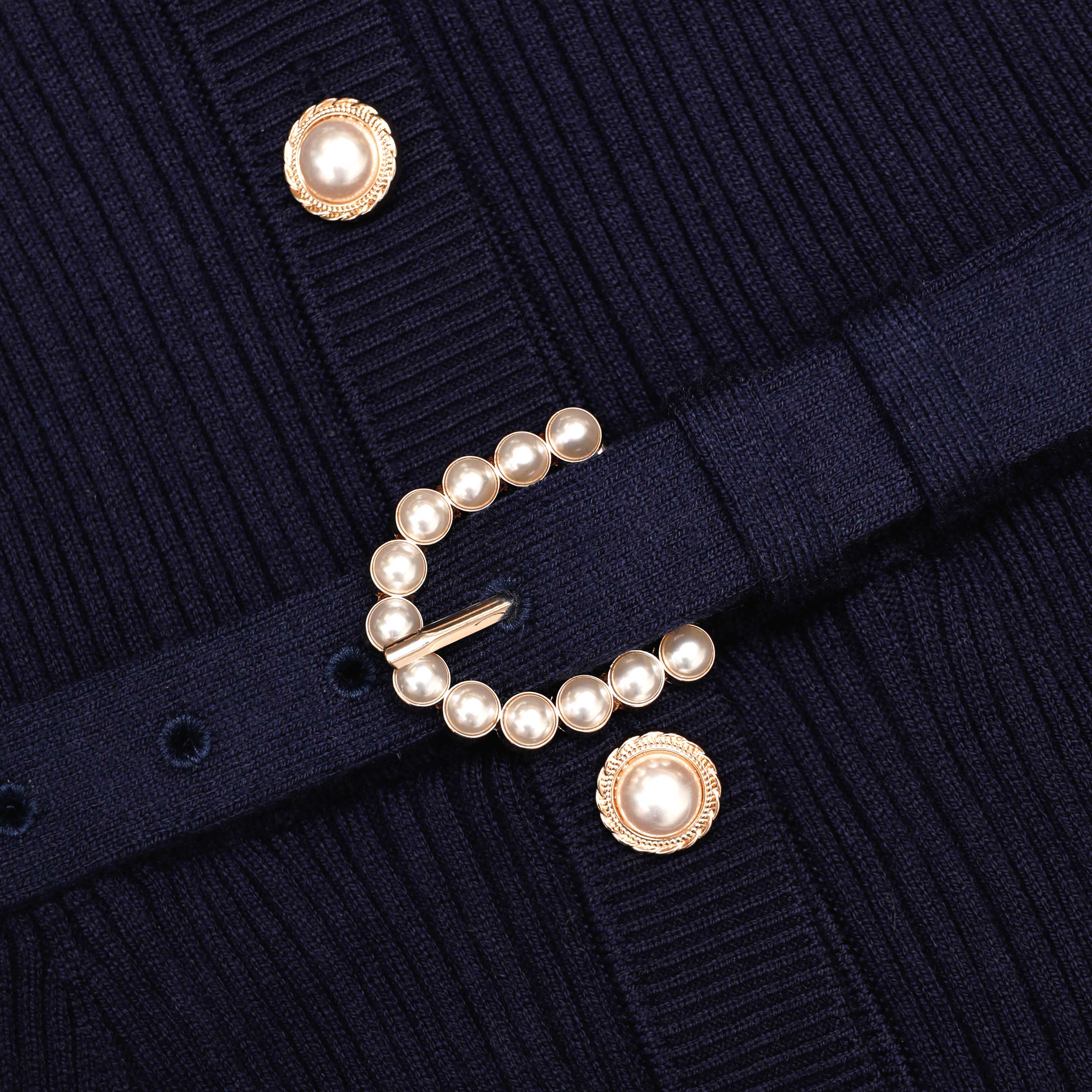 Navy Ribbed Knit Contrast Midi Dress