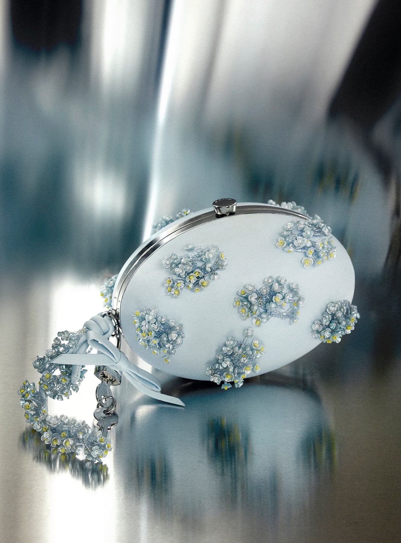 Blue Satin Floral Beaded Oval Clutch