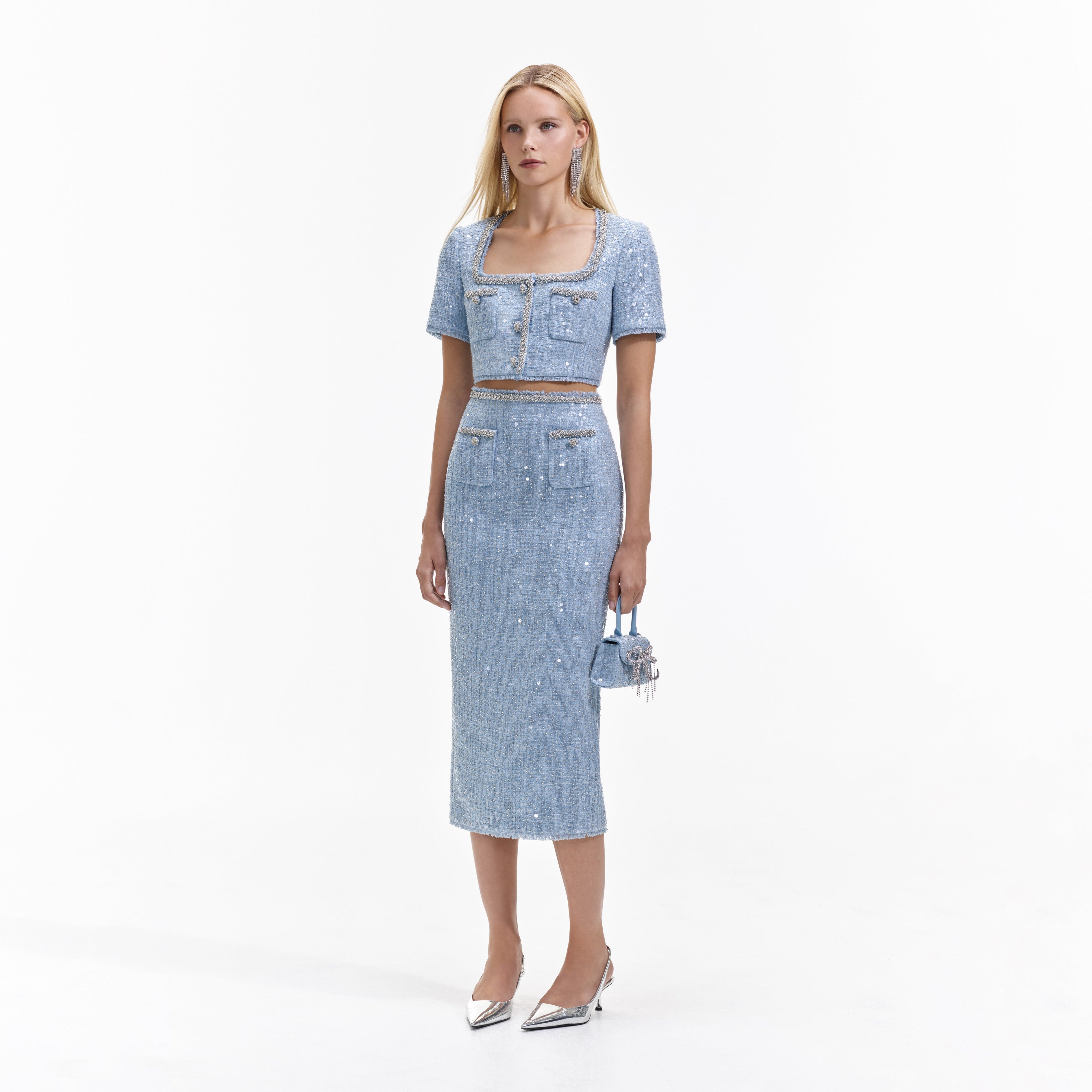Blue Sequin Boucle Midi Skirt