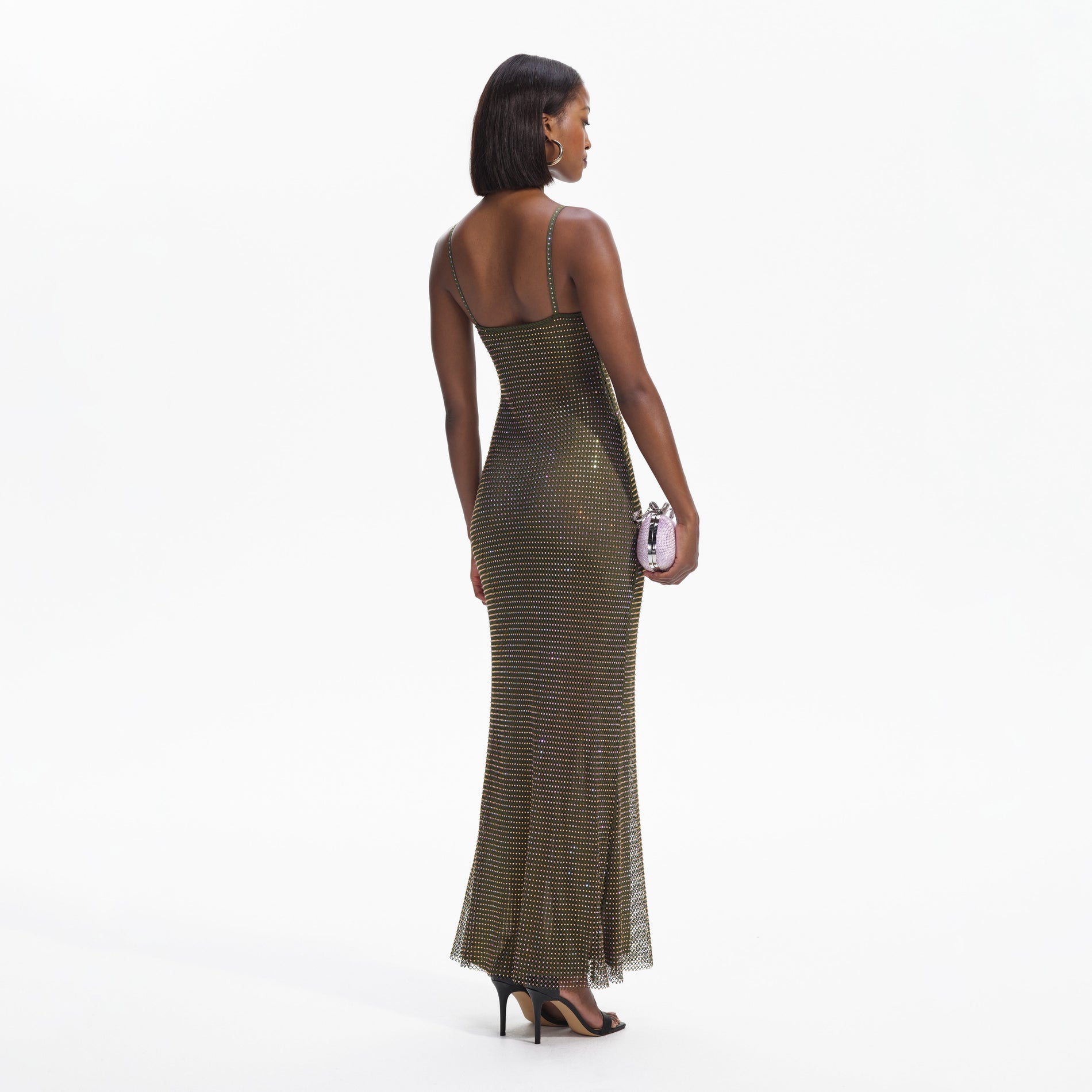 Back view of a woman wearing the Khaki Rhinestone Maxi Dress